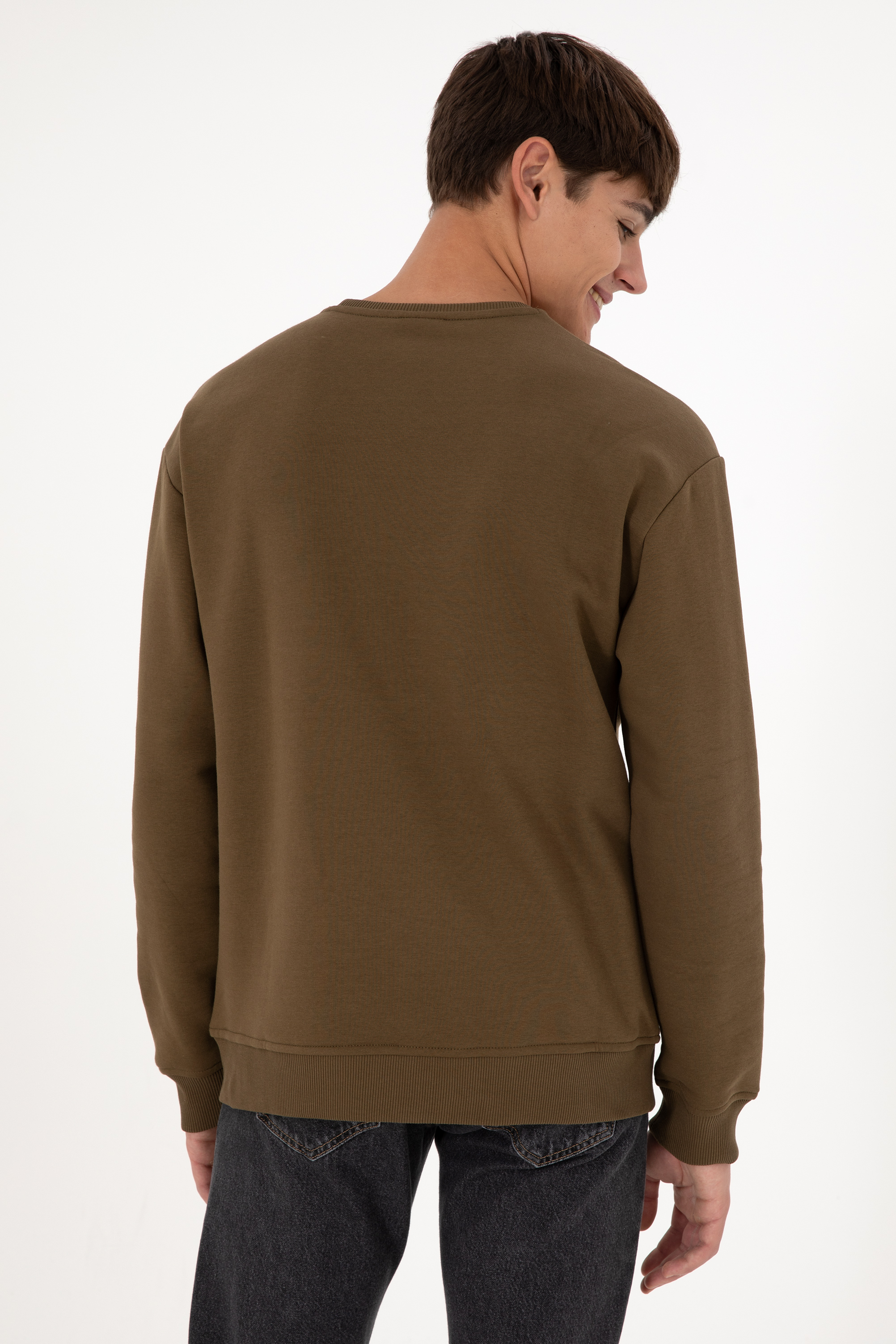Erkek Bisiklet Yaka Haki Basic Şardonlu Sweatshirt - Image 6