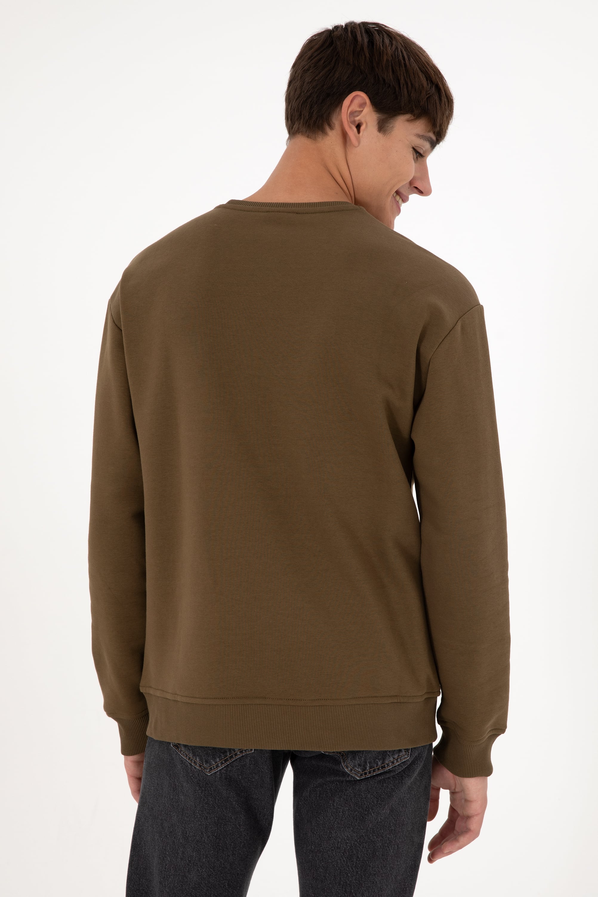 Erkek Bisiklet Yaka Haki Basic Şardonlu Sweatshirt