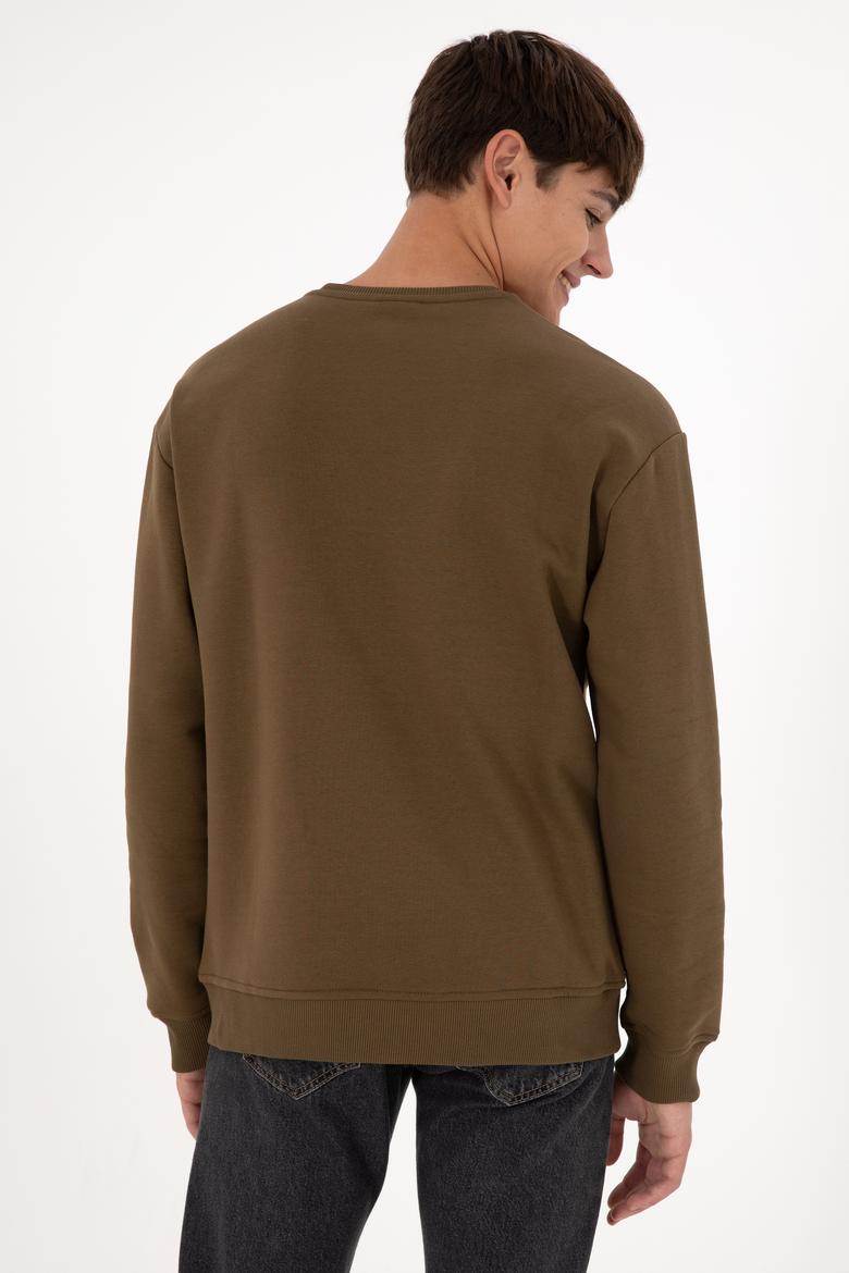 Erkek Bisiklet Yaka Haki Basic Şardonlu Sweatshirt - 50295148039