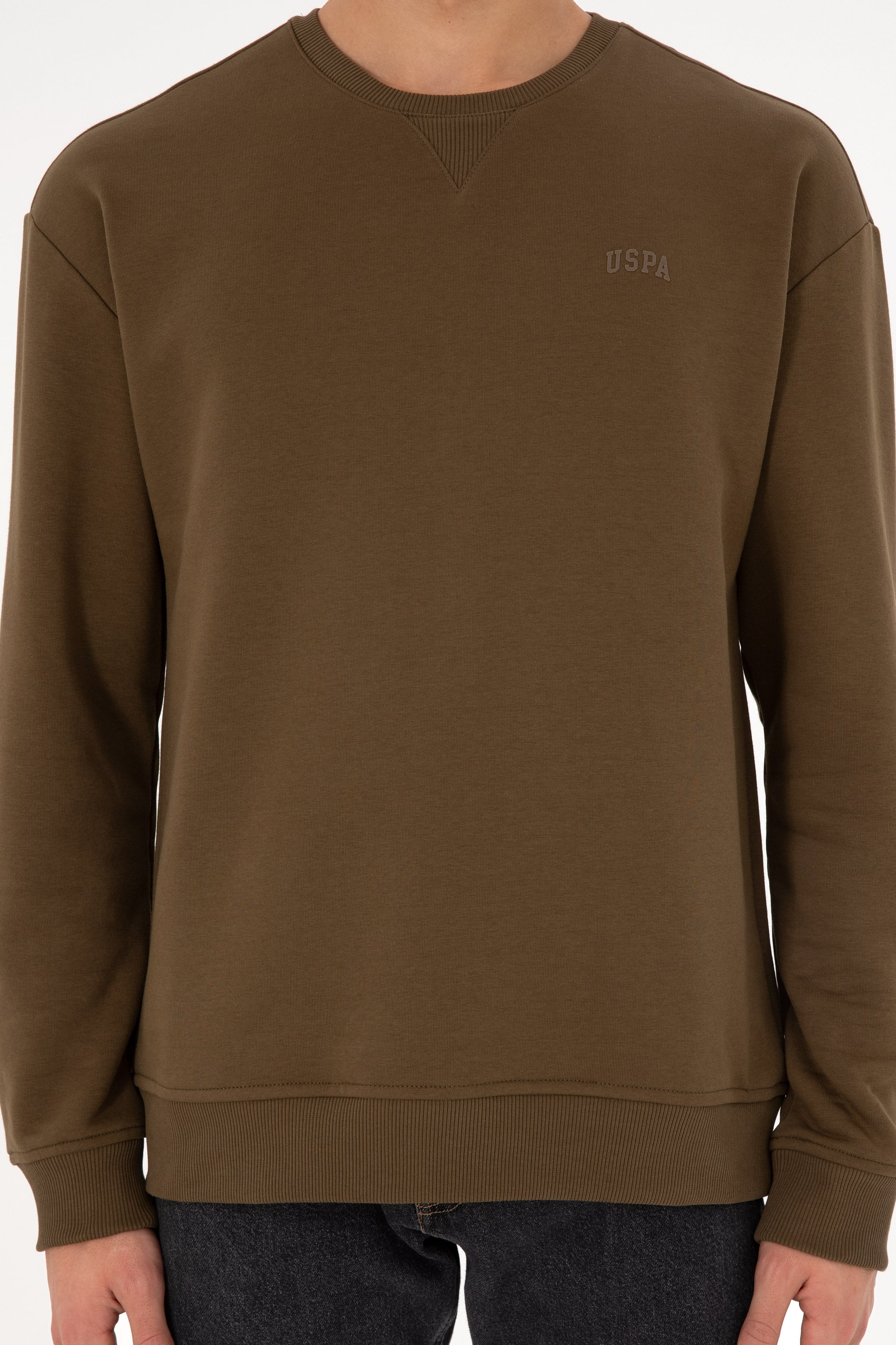 Erkek Bisiklet Yaka Haki Basic Şardonlu Sweatshirt - Image 7