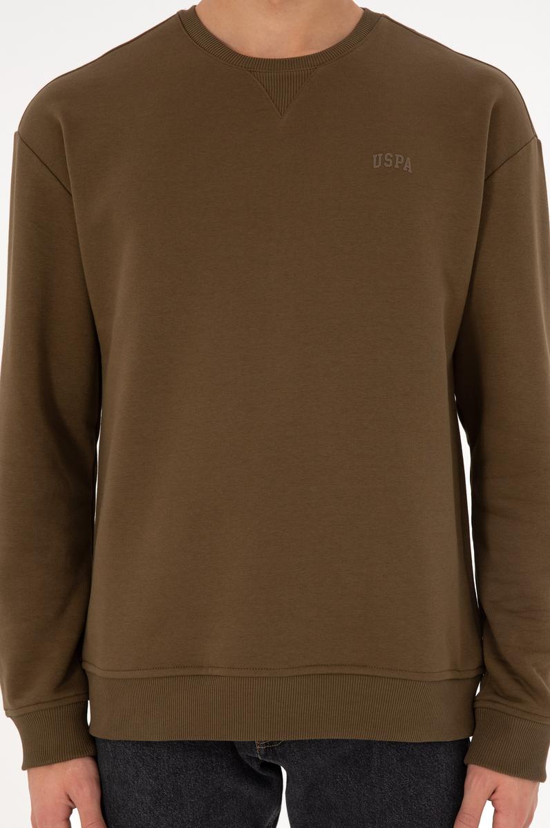 Erkek Bisiklet Yaka Haki Basic Şardonlu Sweatshirt