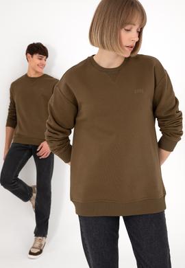 Erkek Bisiklet Yaka Haki Basic Şardonlu Sweatshirt - 50295148039