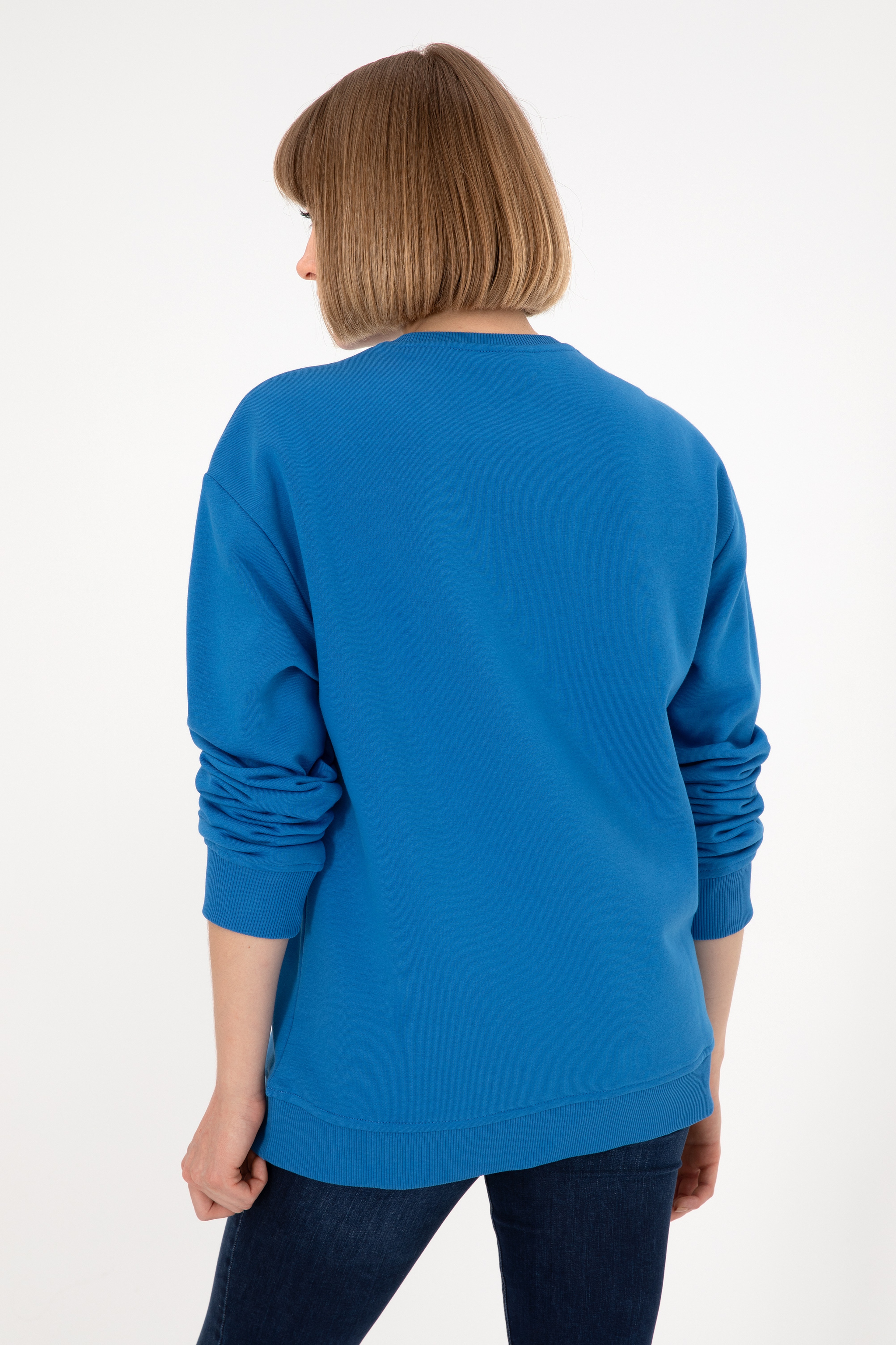 Erkek Bisiklet Yaka Kobalt Basic Şardonlu Sweatshirt - Image 5