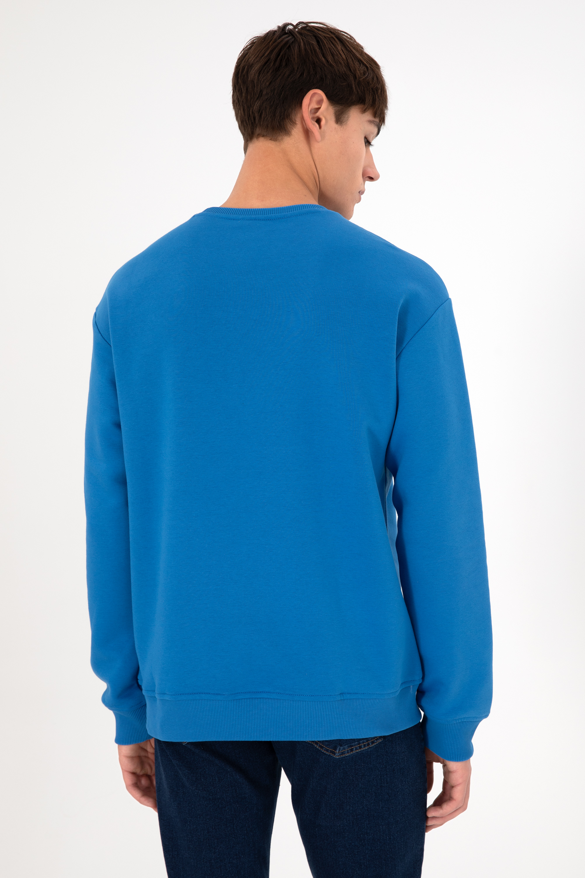 Erkek Bisiklet Yaka Kobalt Basic Şardonlu Sweatshirt - Image 6