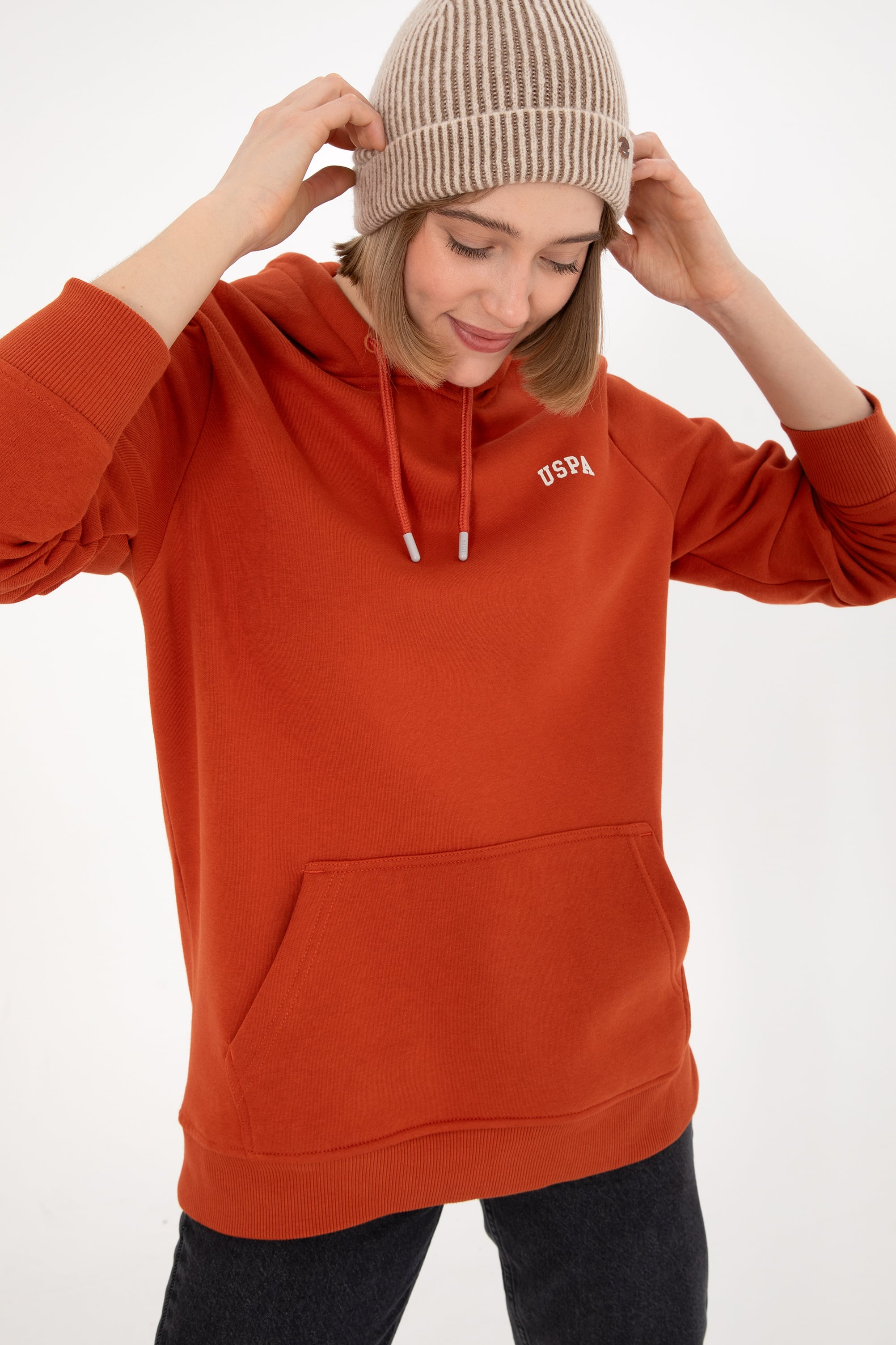 Erkek Kapüşonlu Kiremit Basic Şardonlu Sweatshirt