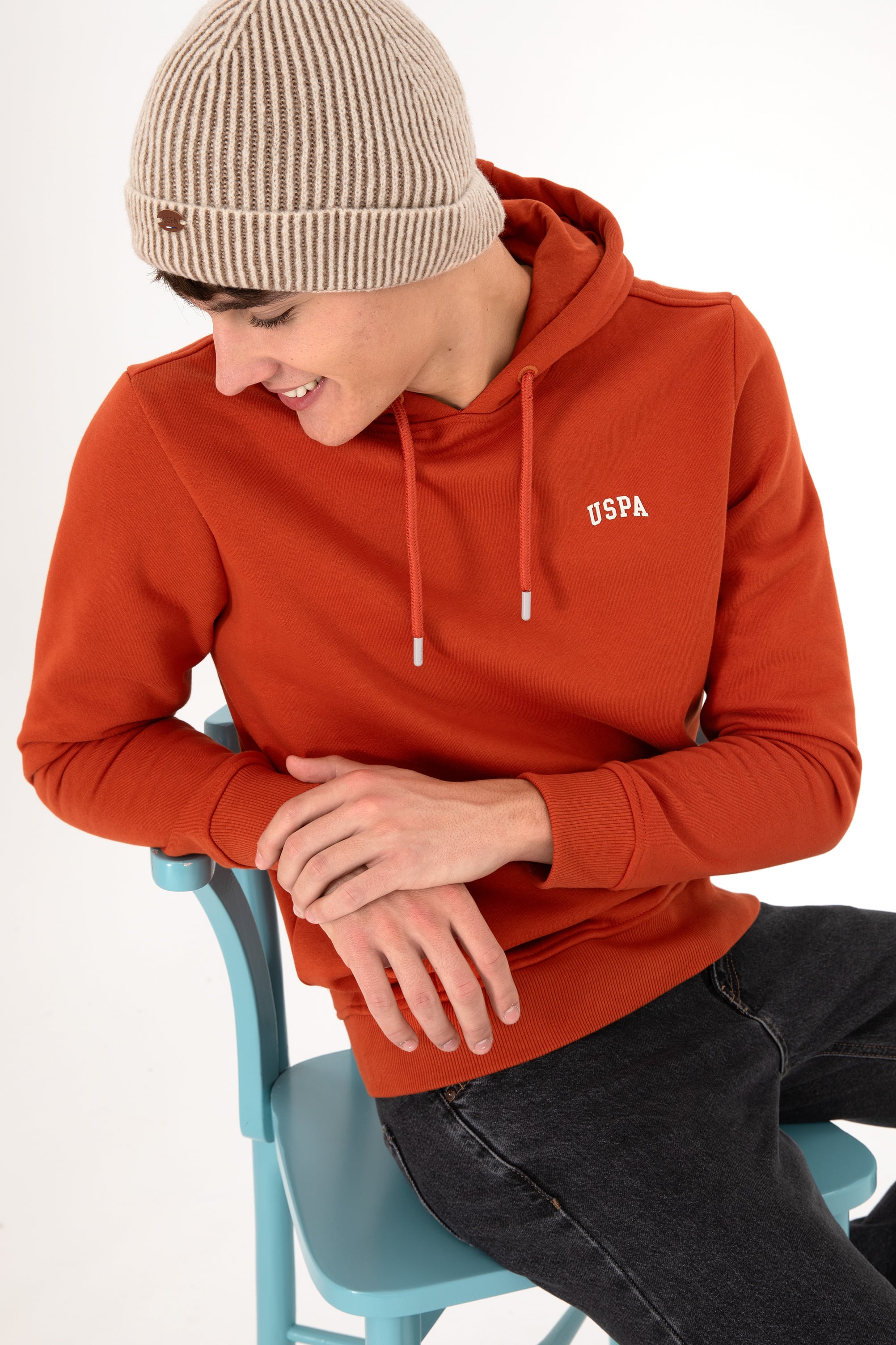 Erkek Kapüşonlu Kiremit Basic Şardonlu Sweatshirt - Image 1