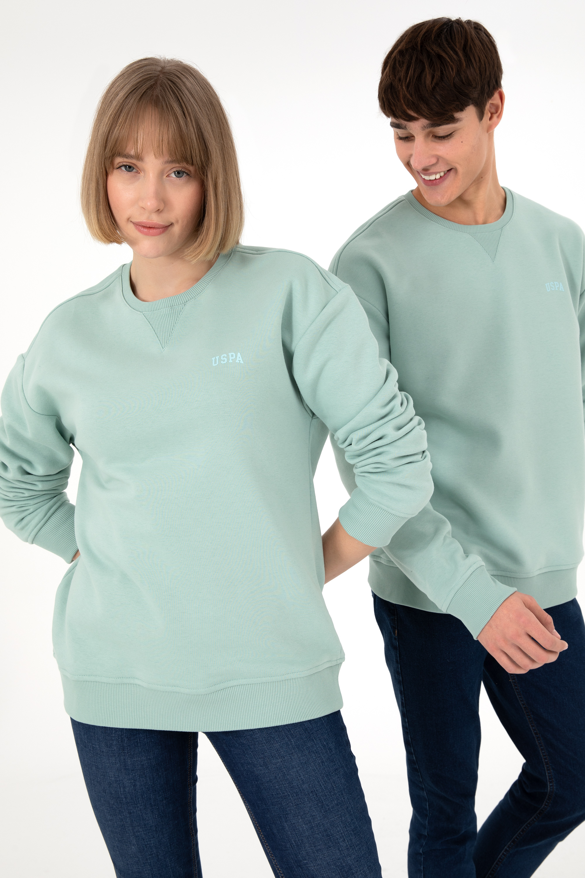 Erkek Bisiklet Yaka Su Yeşili Basic Şardonlu Sweatshirt - Image 1