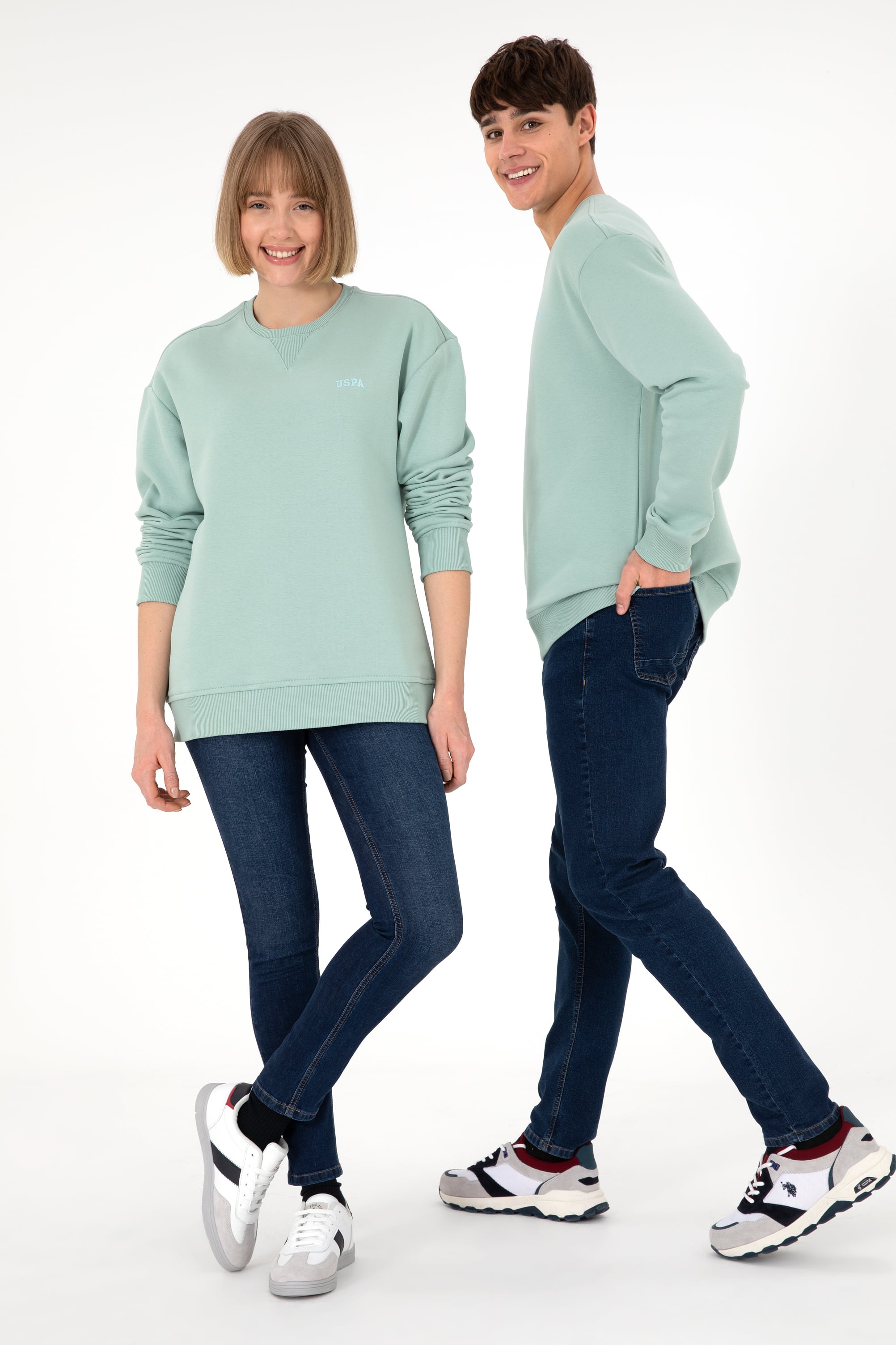 Erkek Bisiklet Yaka Su Yeşili Basic Şardonlu Sweatshirt