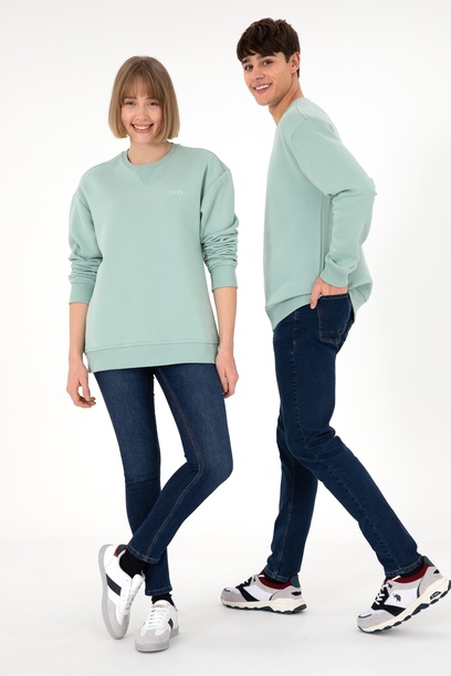 Erkek Bisiklet Yaka Su Yeşili Basic Şardonlu Sweatshirt