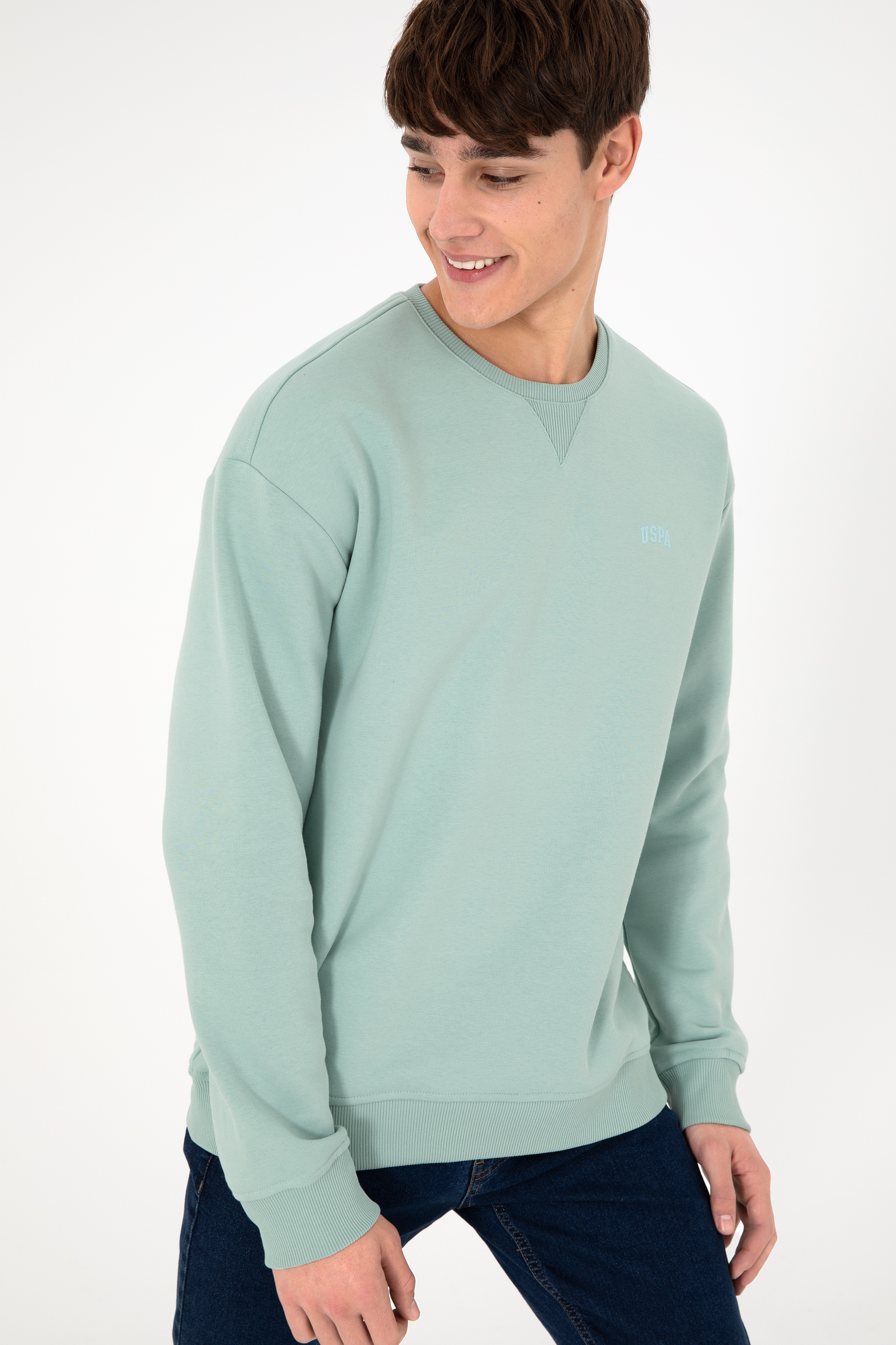 Erkek Bisiklet Yaka Su Yeşili Basic Şardonlu Sweatshirt - Image 5