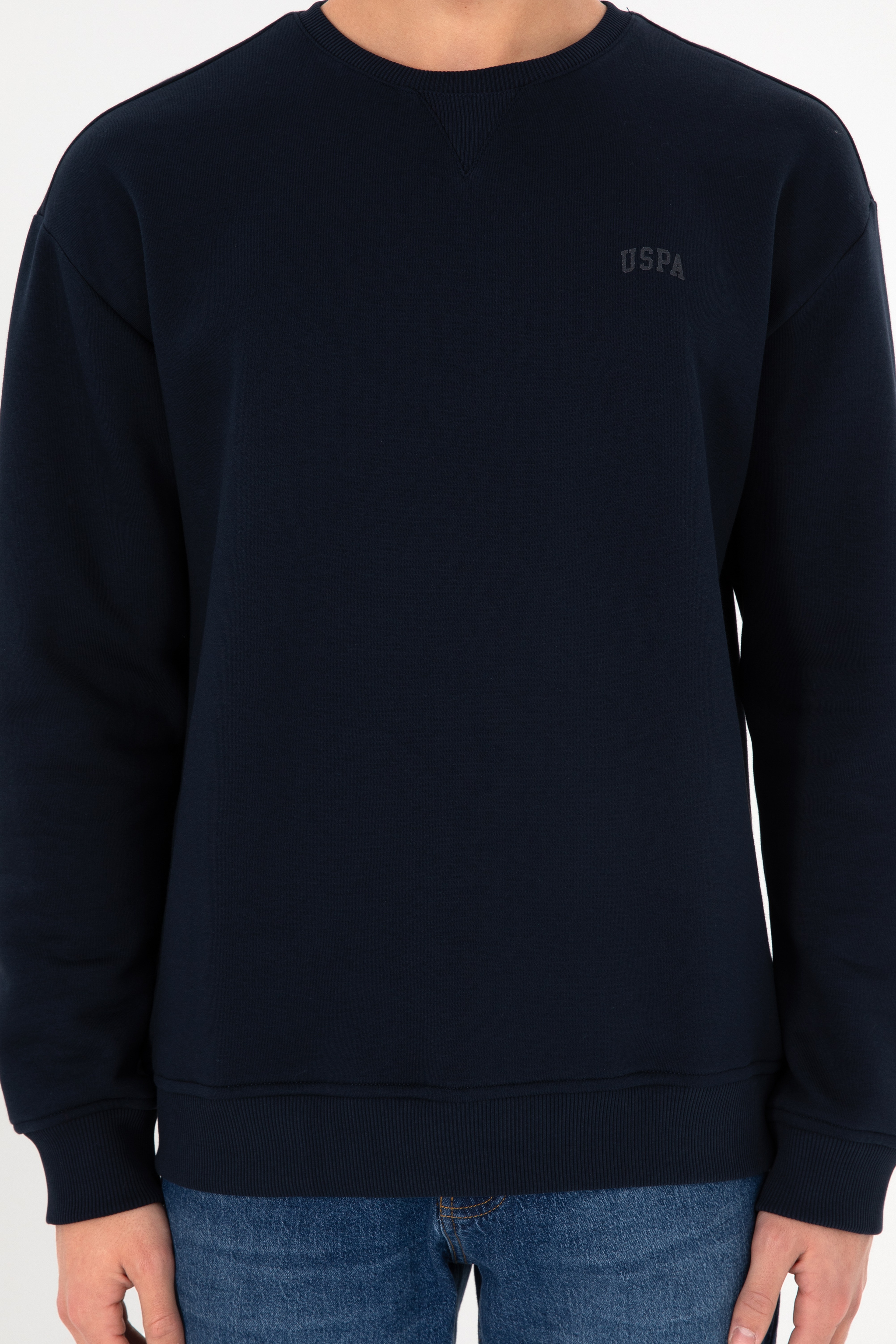 Erkek Bisiklet Yaka Lacivert Basic Şardonlu Sweatshirt