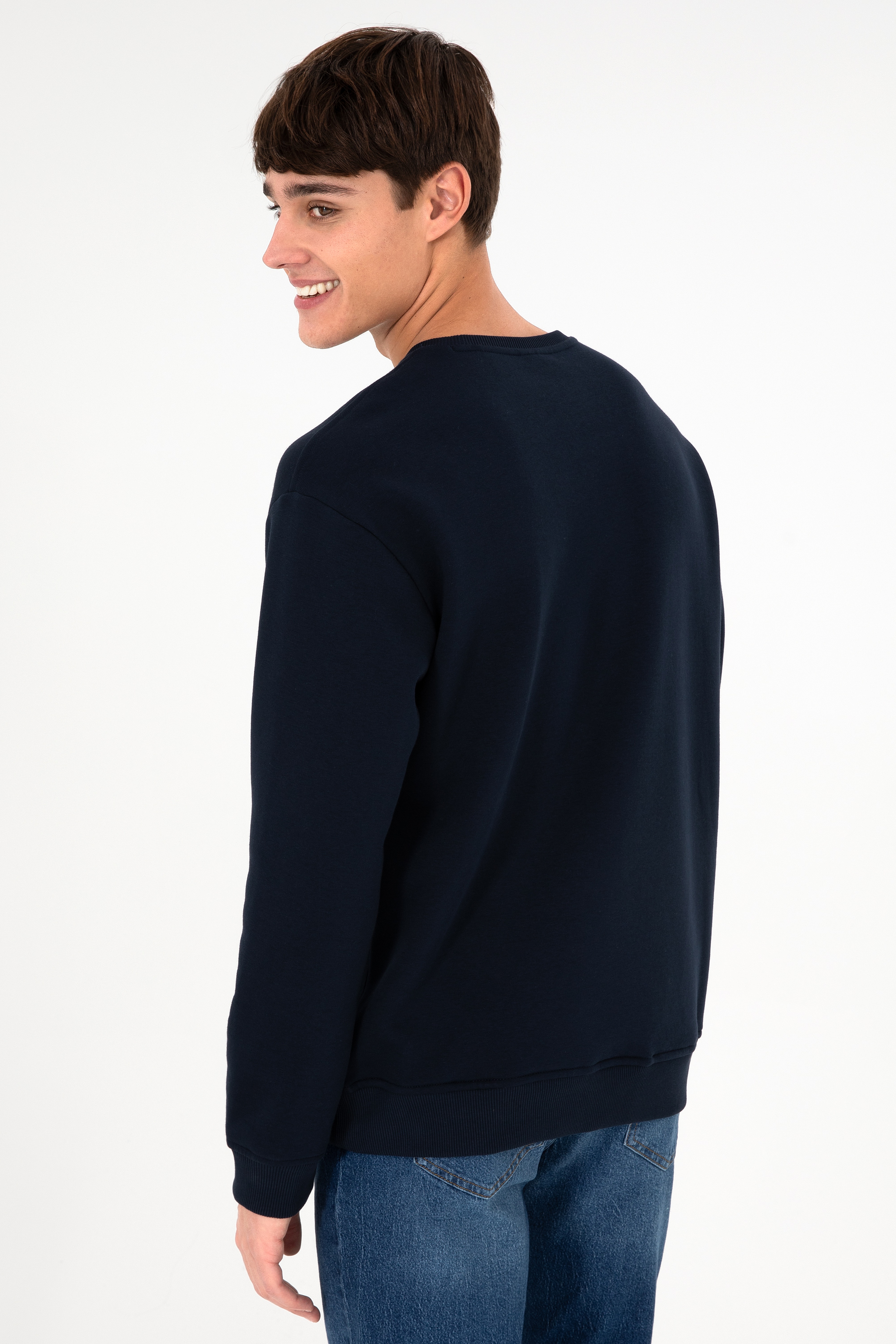 Erkek Bisiklet Yaka Lacivert Basic Şardonlu Sweatshirt