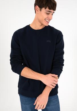 Erkek Bisiklet Yaka Lacivert Basic Şardonlu Sweatshirt - 50295148087