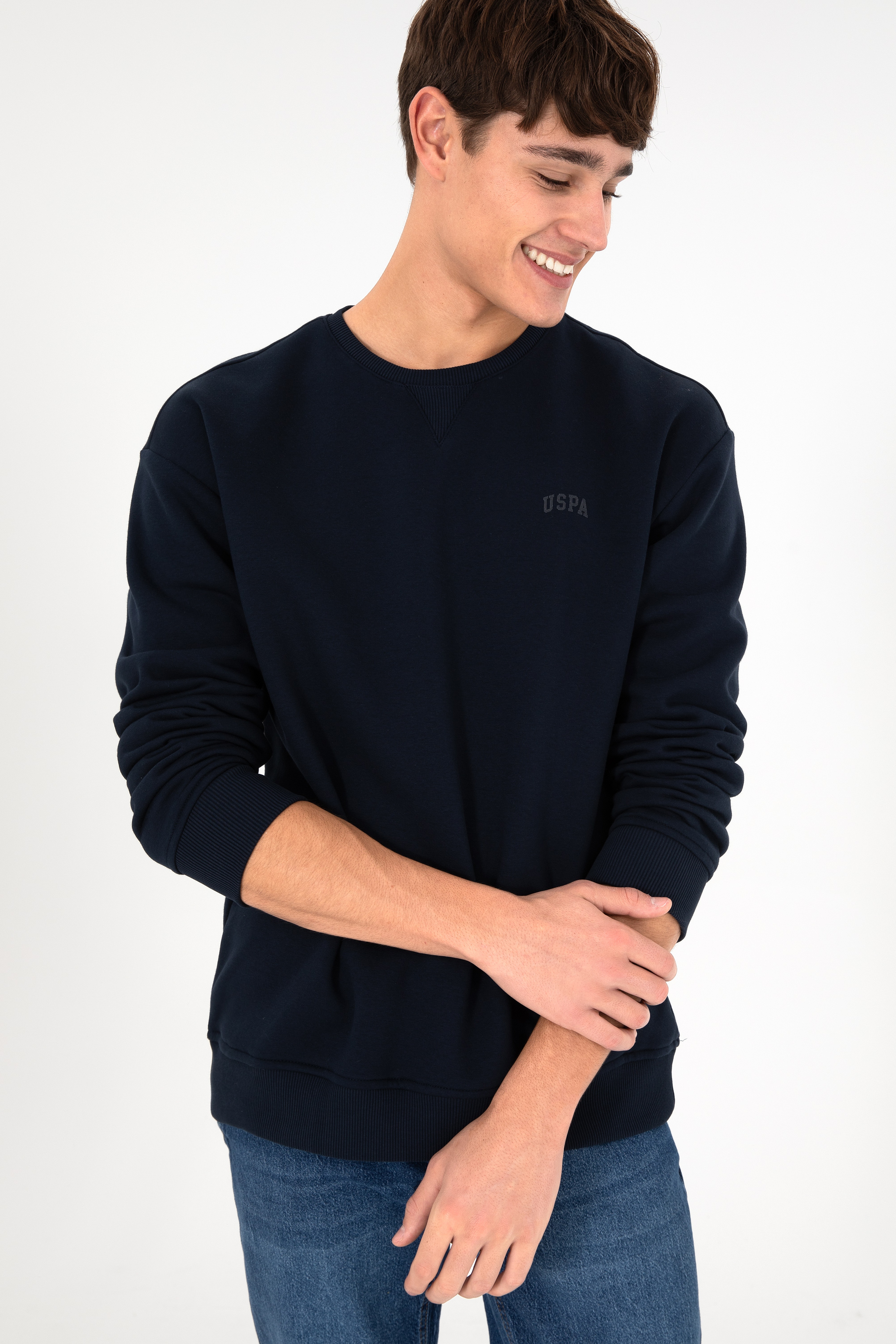 Erkek Bisiklet Yaka Lacivert Basic Şardonlu Sweatshirt - Image 5