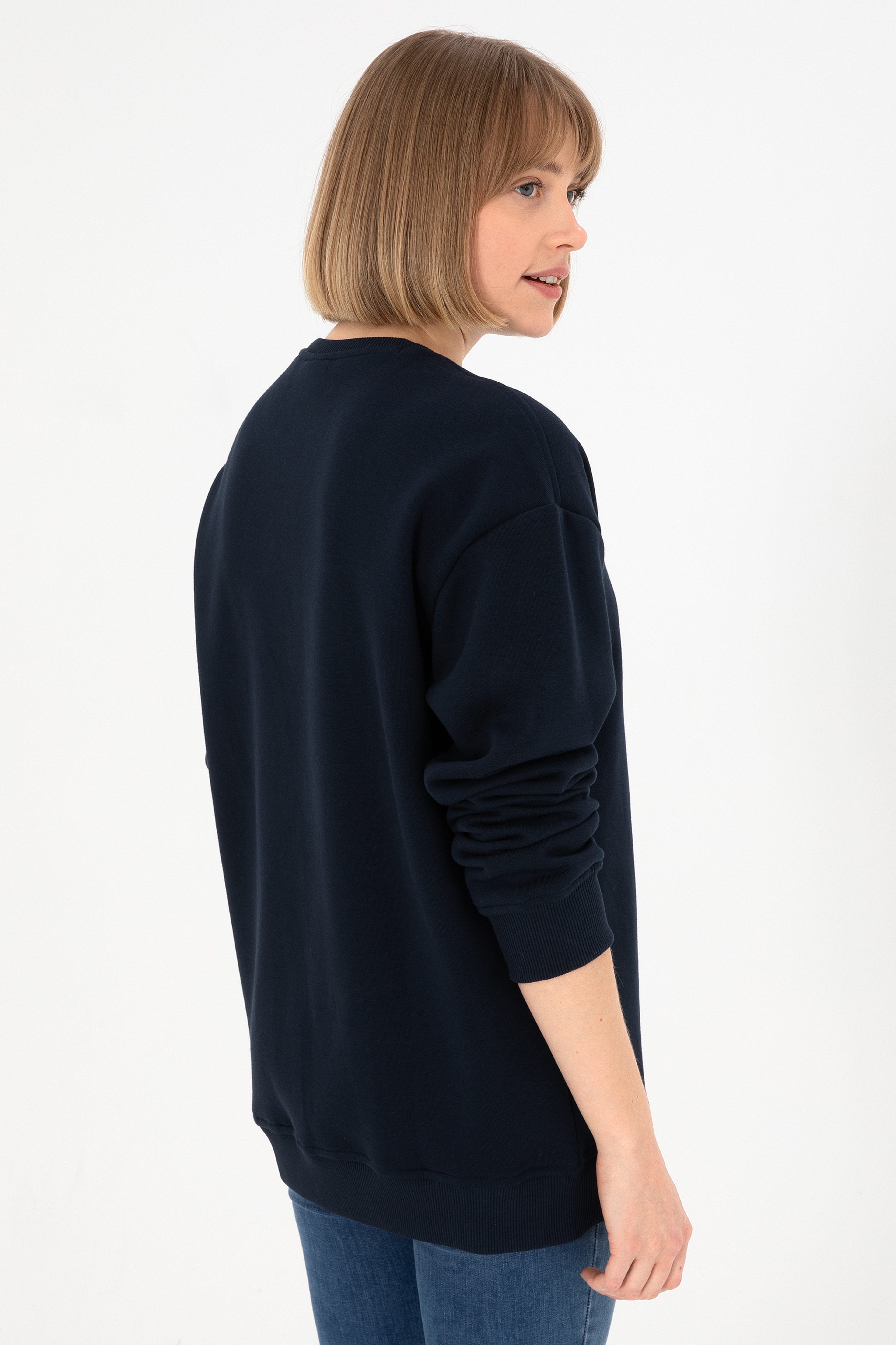 Erkek Bisiklet Yaka Lacivert Basic Şardonlu Sweatshirt