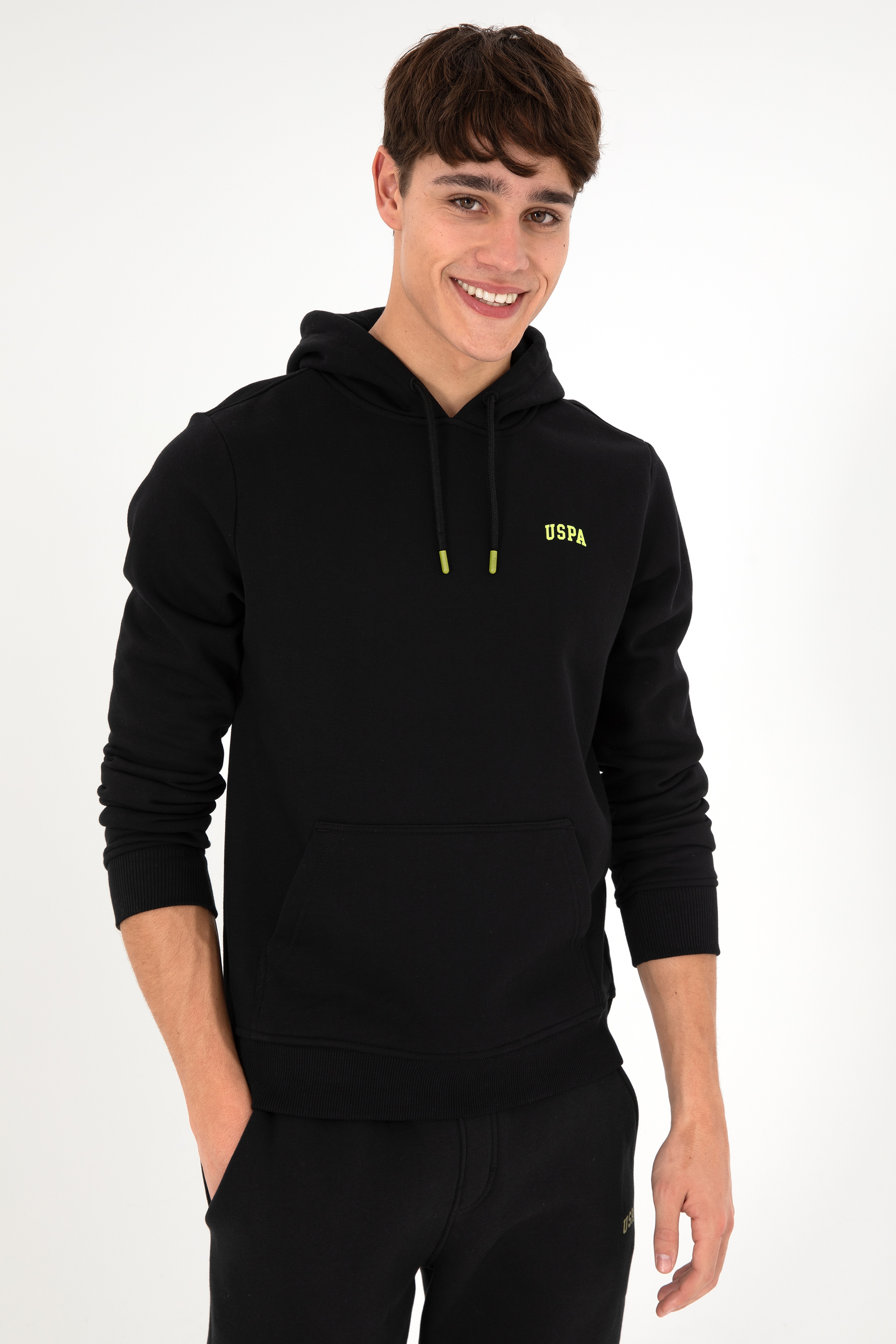 Erkek Kapüşonlu Siyah Basic Şardonlu Sweatshirt