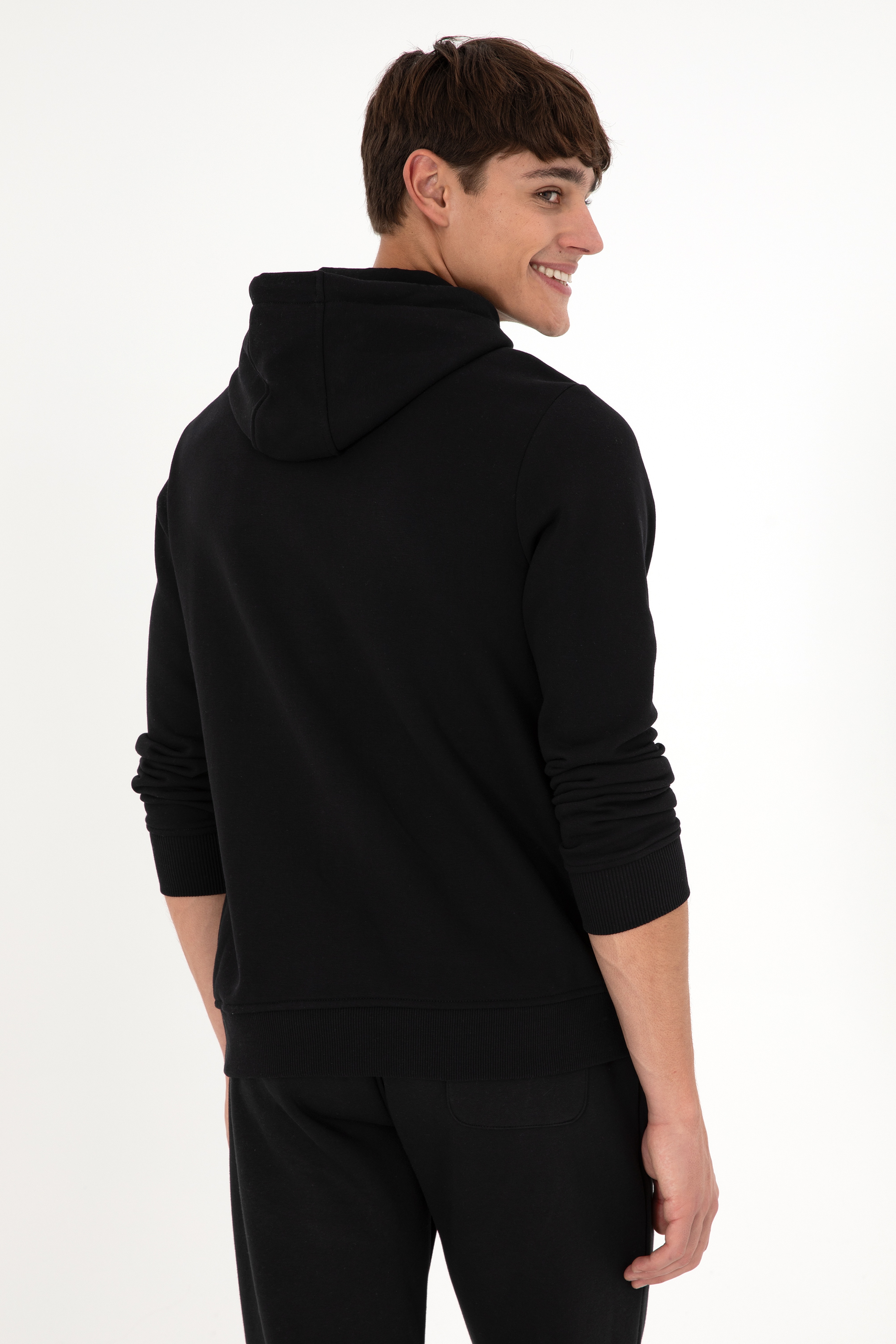 Erkek Kapüşonlu Siyah Basic Şardonlu Sweatshirt - Image 6