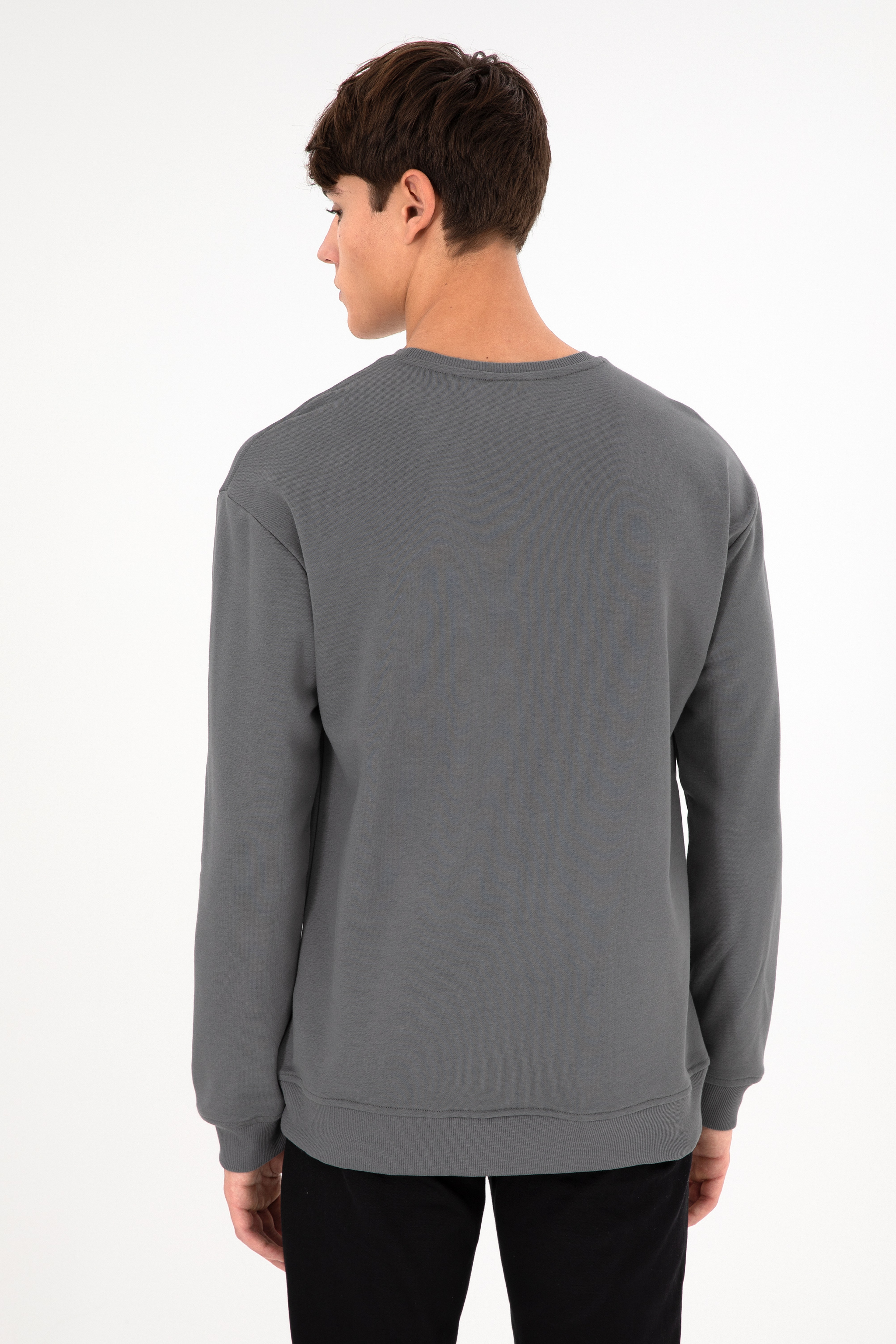 Erkek Comfort Fit Bisiklet Yaka Gri Basic Sweatshirt - Image 6