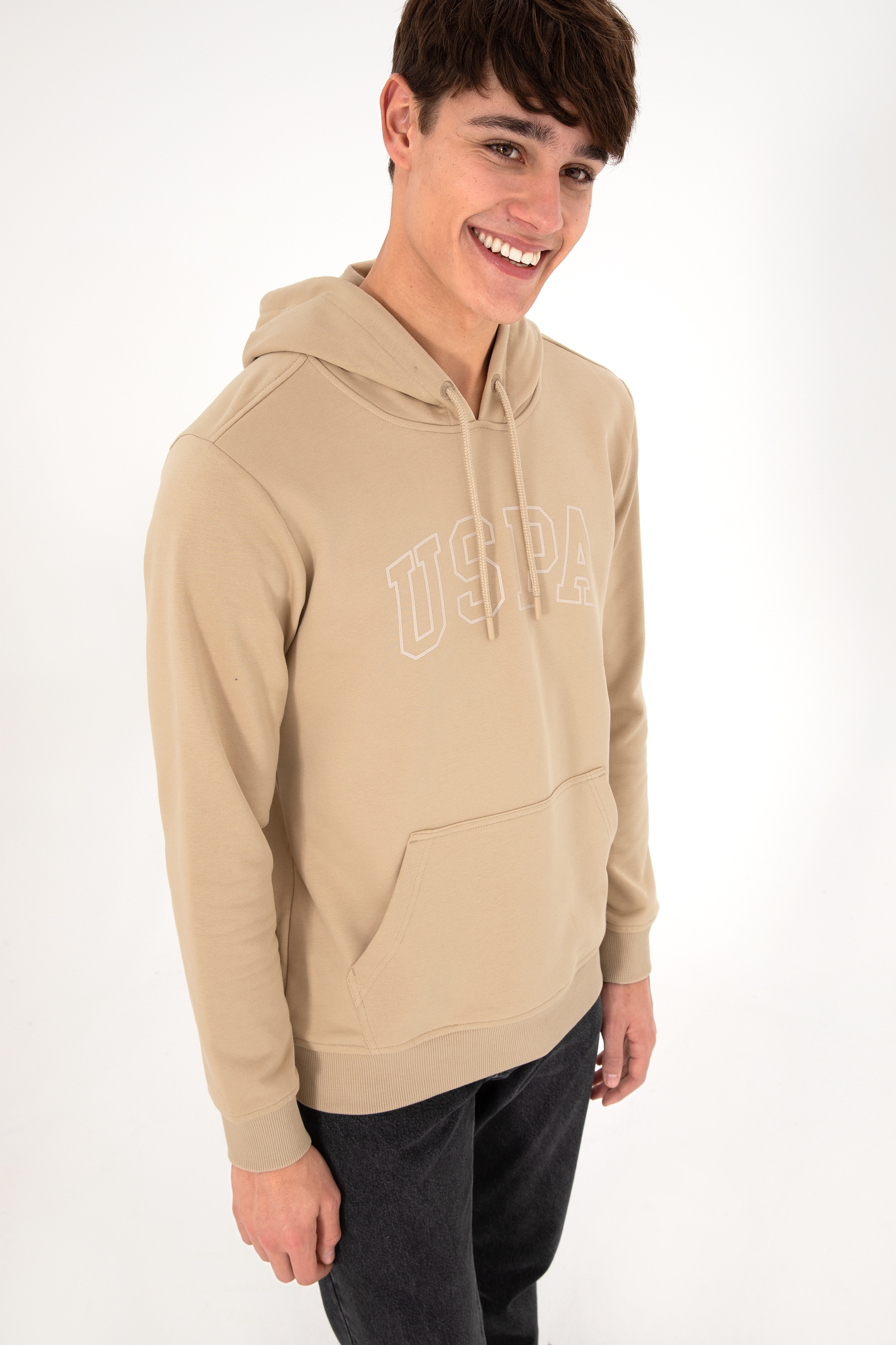 Erkek Regular Fit Kapüşonlu Kum Basic Sweatshirt