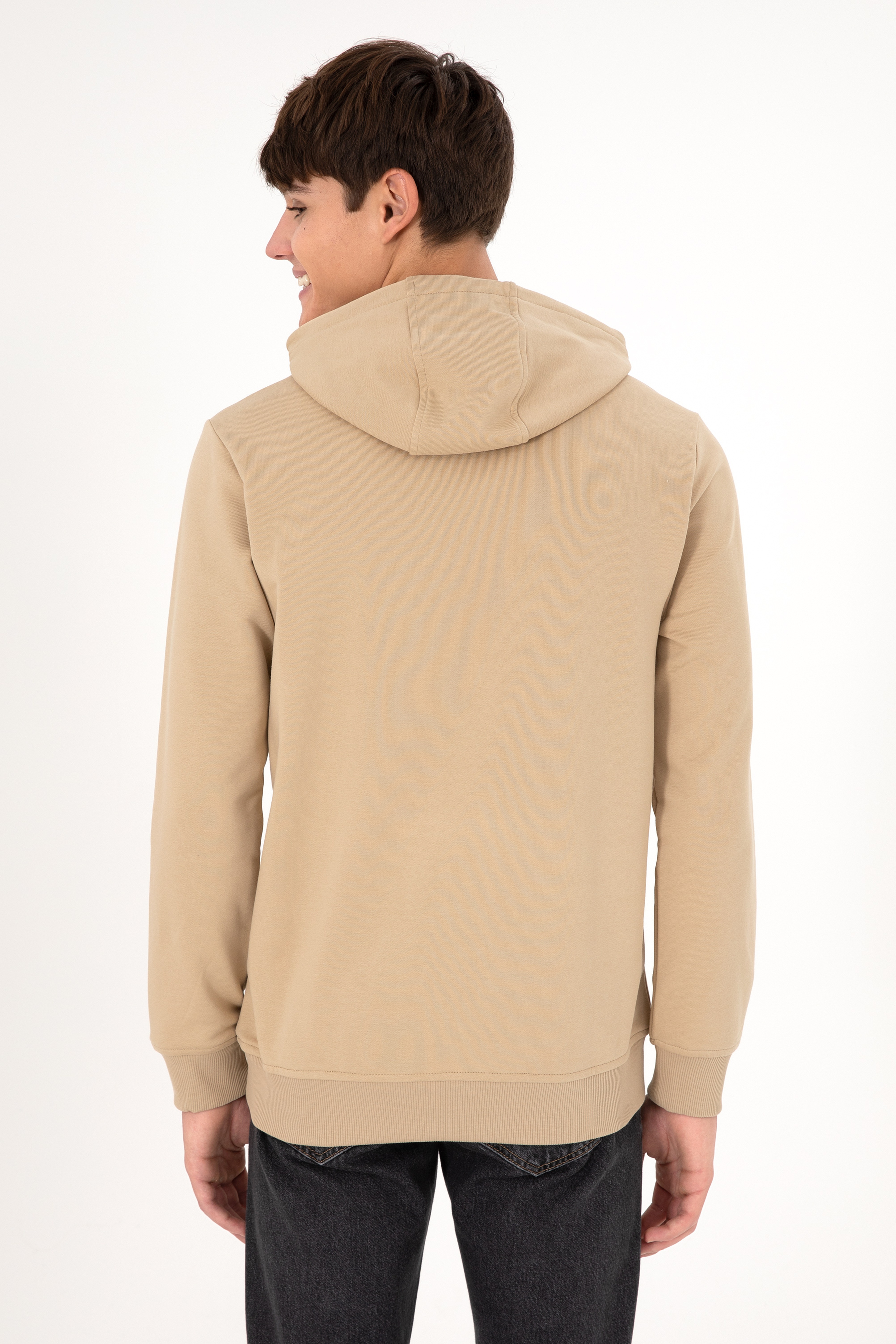 Erkek Regular Fit Kapüşonlu Kum Basic Sweatshirt