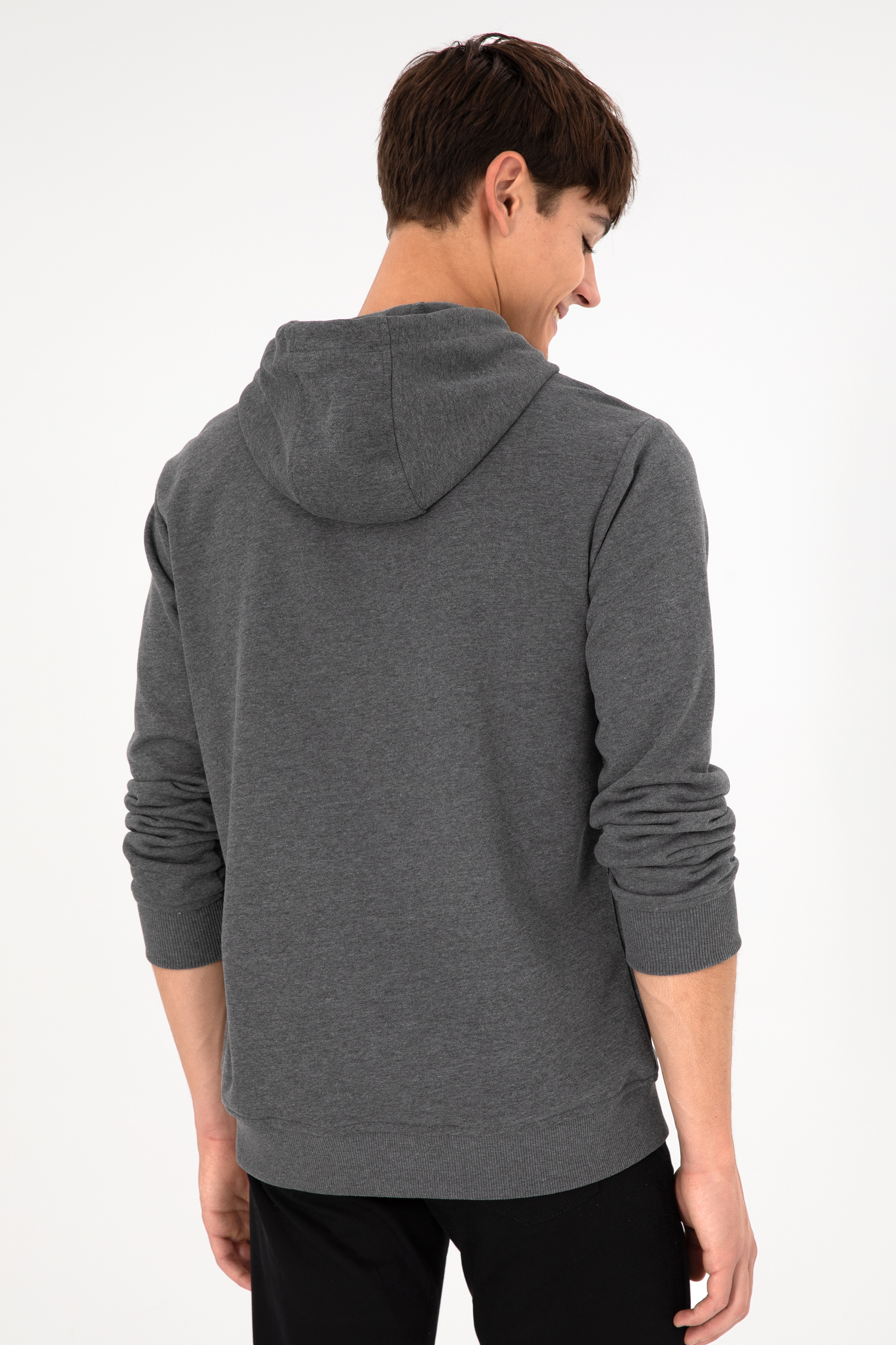 Erkek Regular Fit Kapüşonlu Antrasit Melanj Basic Sweatshirt - Image 6