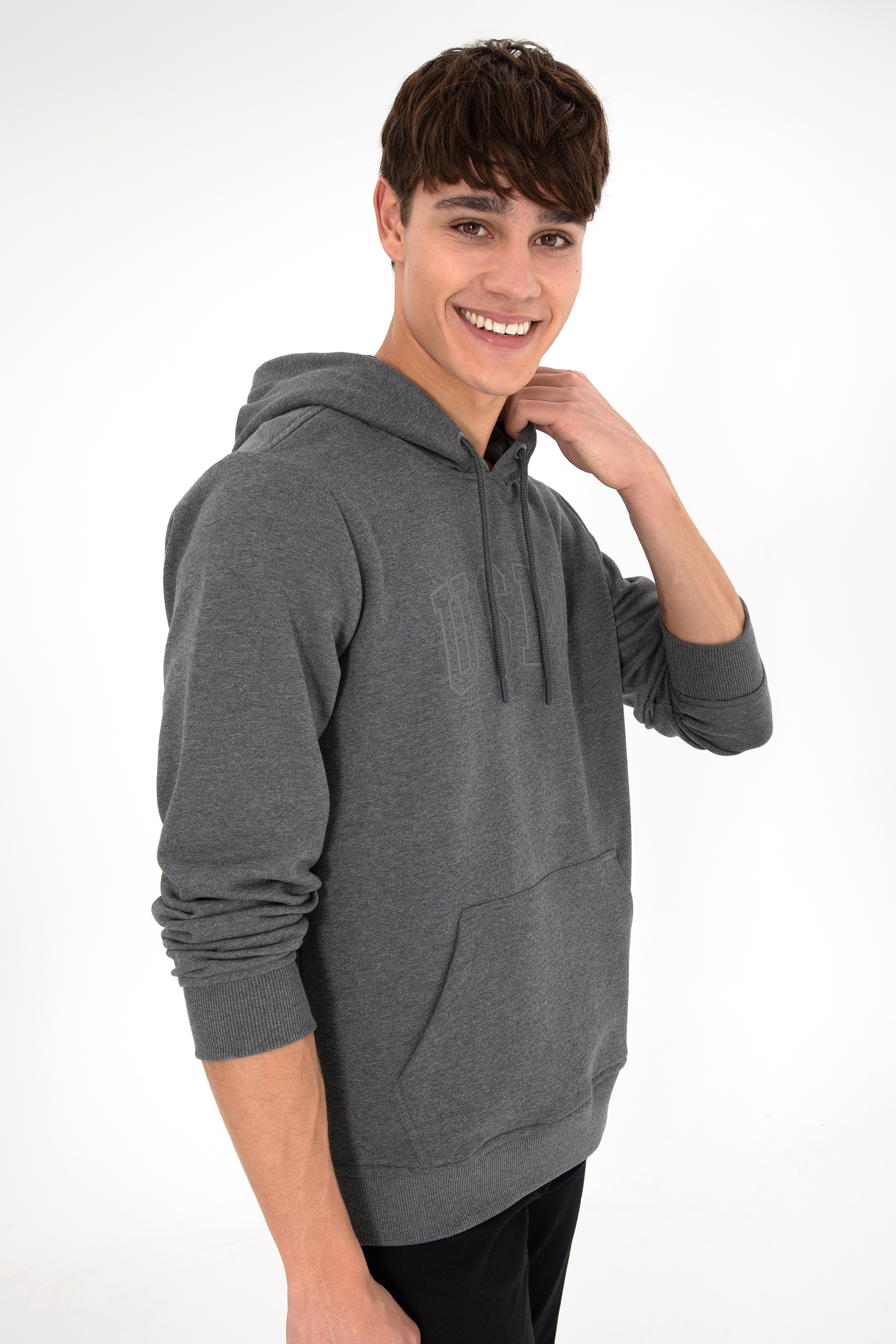 Erkek Regular Fit Kapüşonlu Antrasit Melanj Basic Sweatshirt - Image 5