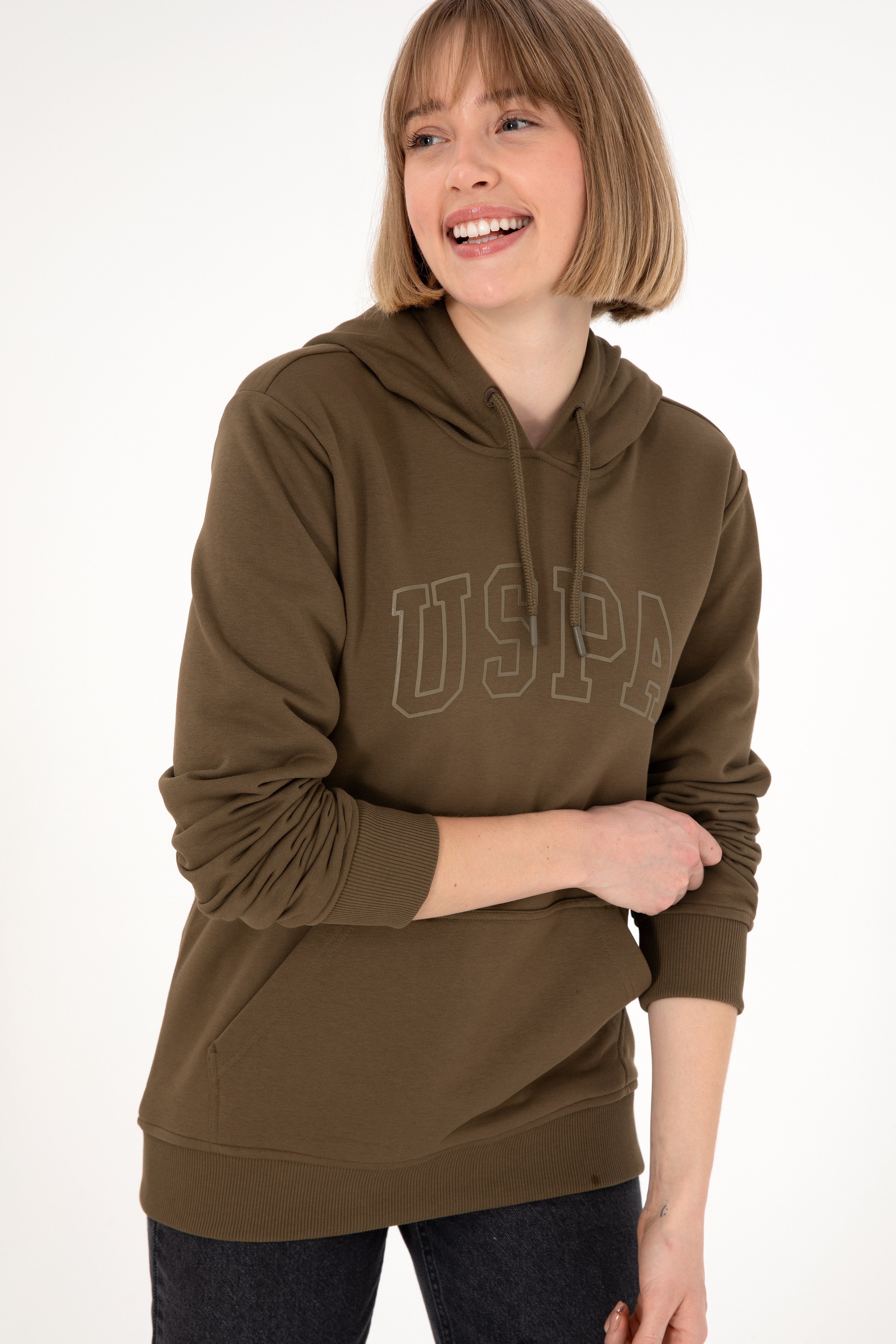 Erkek Regular Fit Kapüşonlu Haki Basic Sweatshirt - Image 3