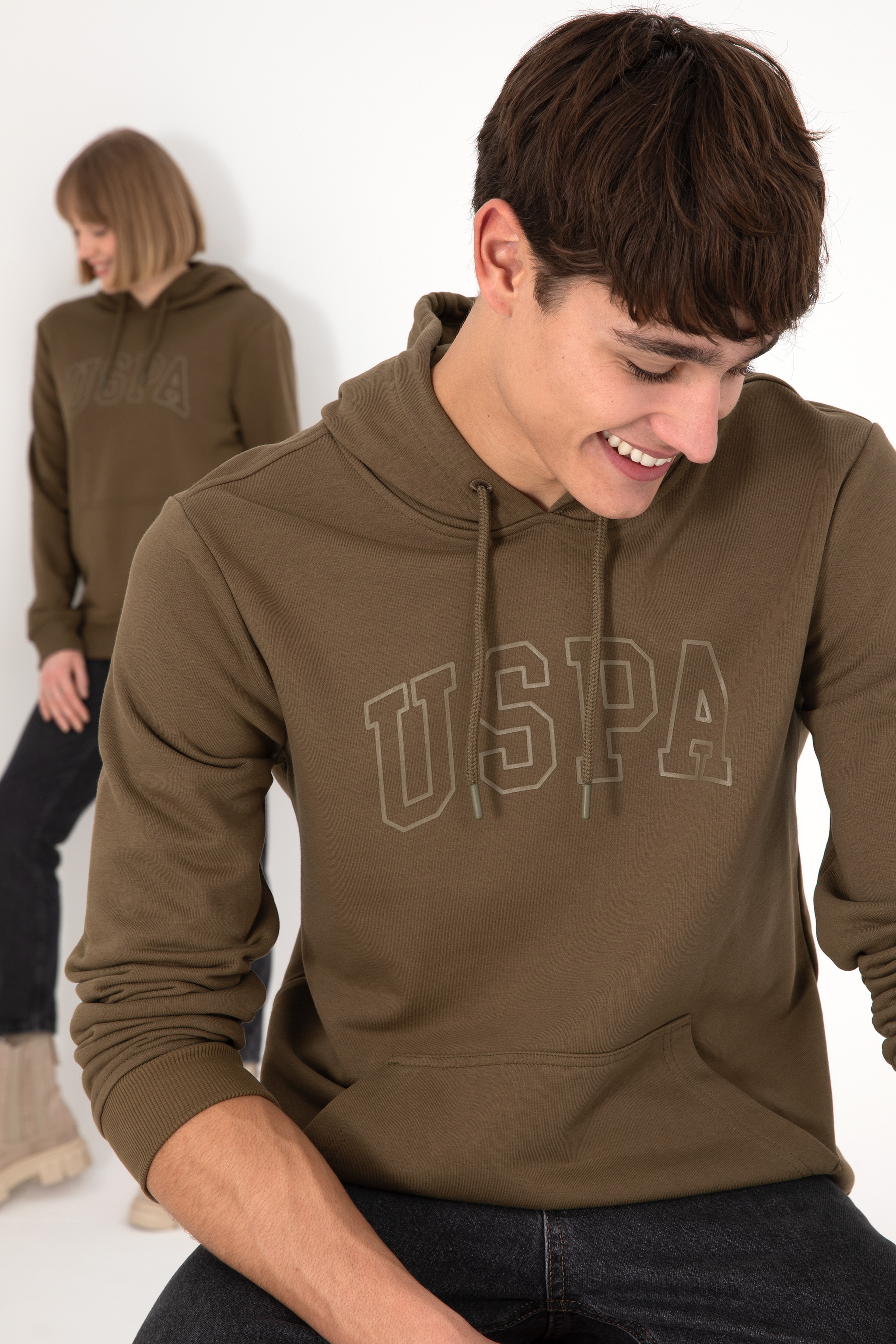 Erkek Regular Fit Kapüşonlu Haki Basic Sweatshirt