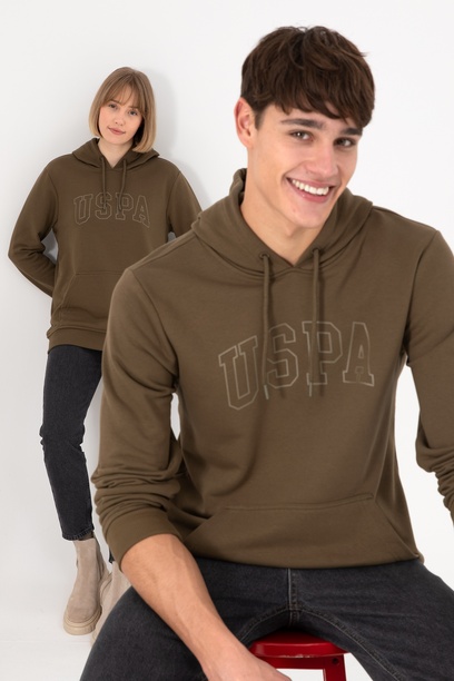 Erkek Regular Fit Kapüşonlu Haki Basic Sweatshirt
