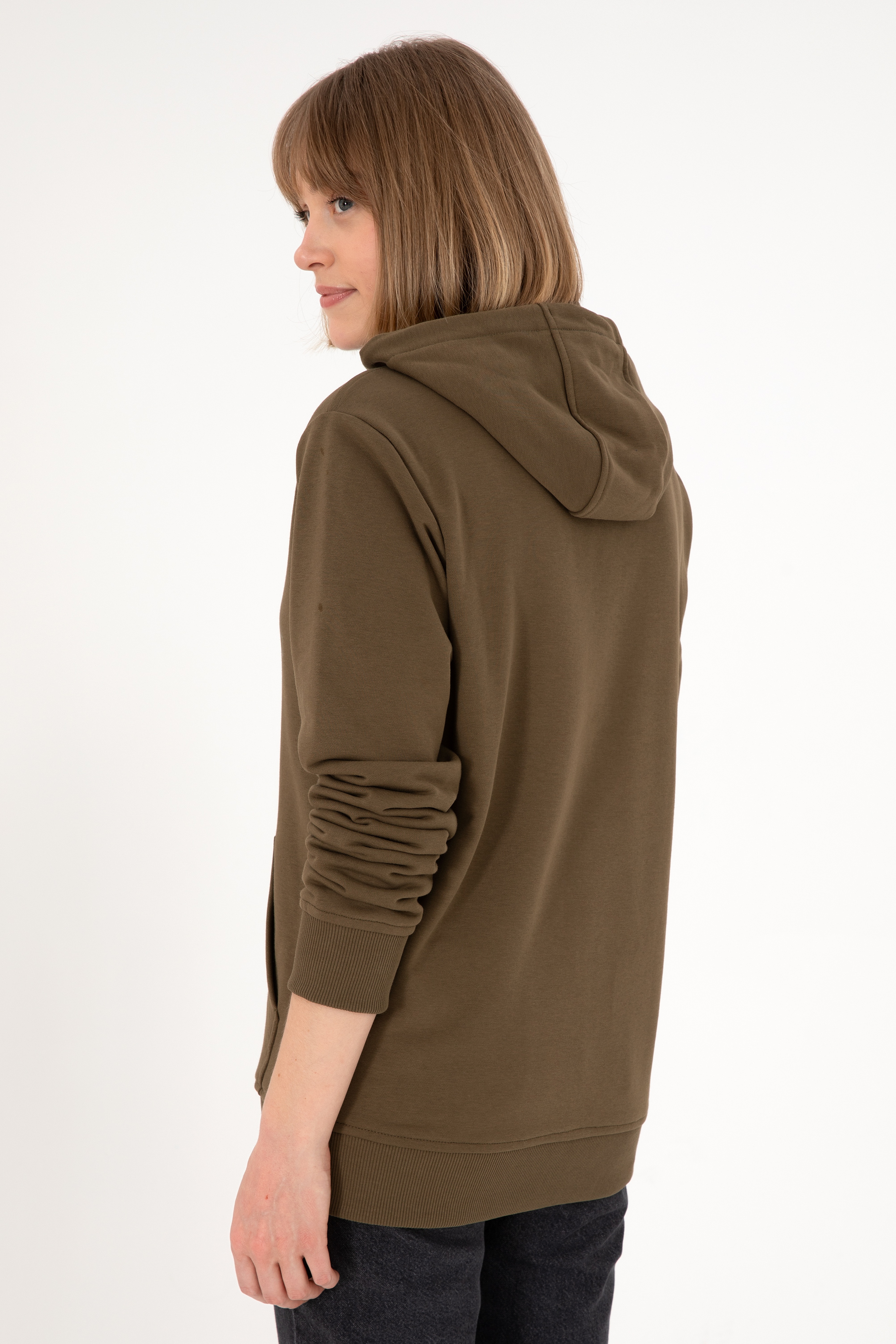 Erkek Regular Fit Kapüşonlu Haki Basic Sweatshirt