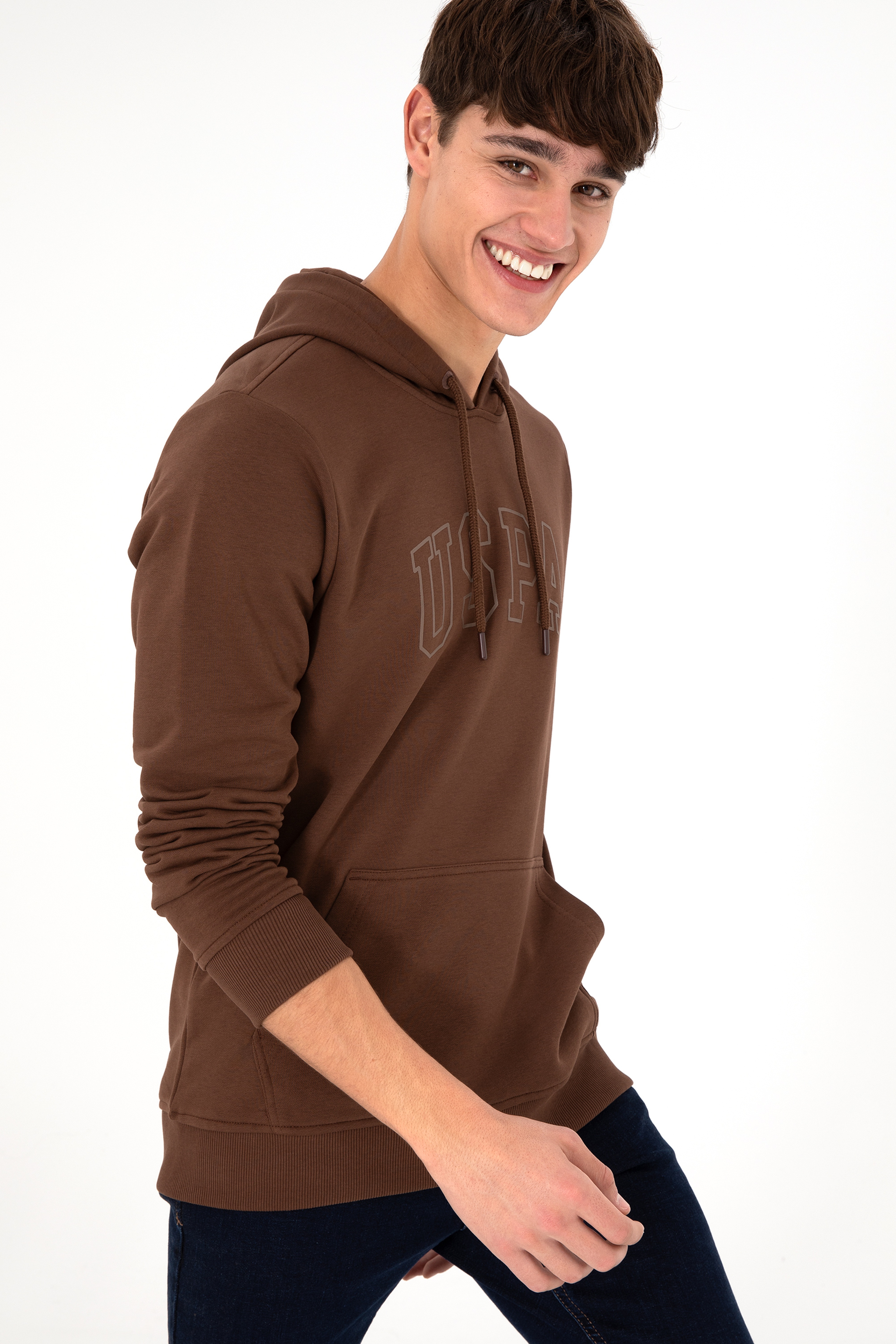 Erkek Regular Fit Kapüşonlu Kahverengi Basic Sweatshirt