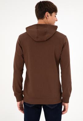 Erkek Regular Fit Kapüşonlu Kahverengi Basic Sweatshirt - 50295175016