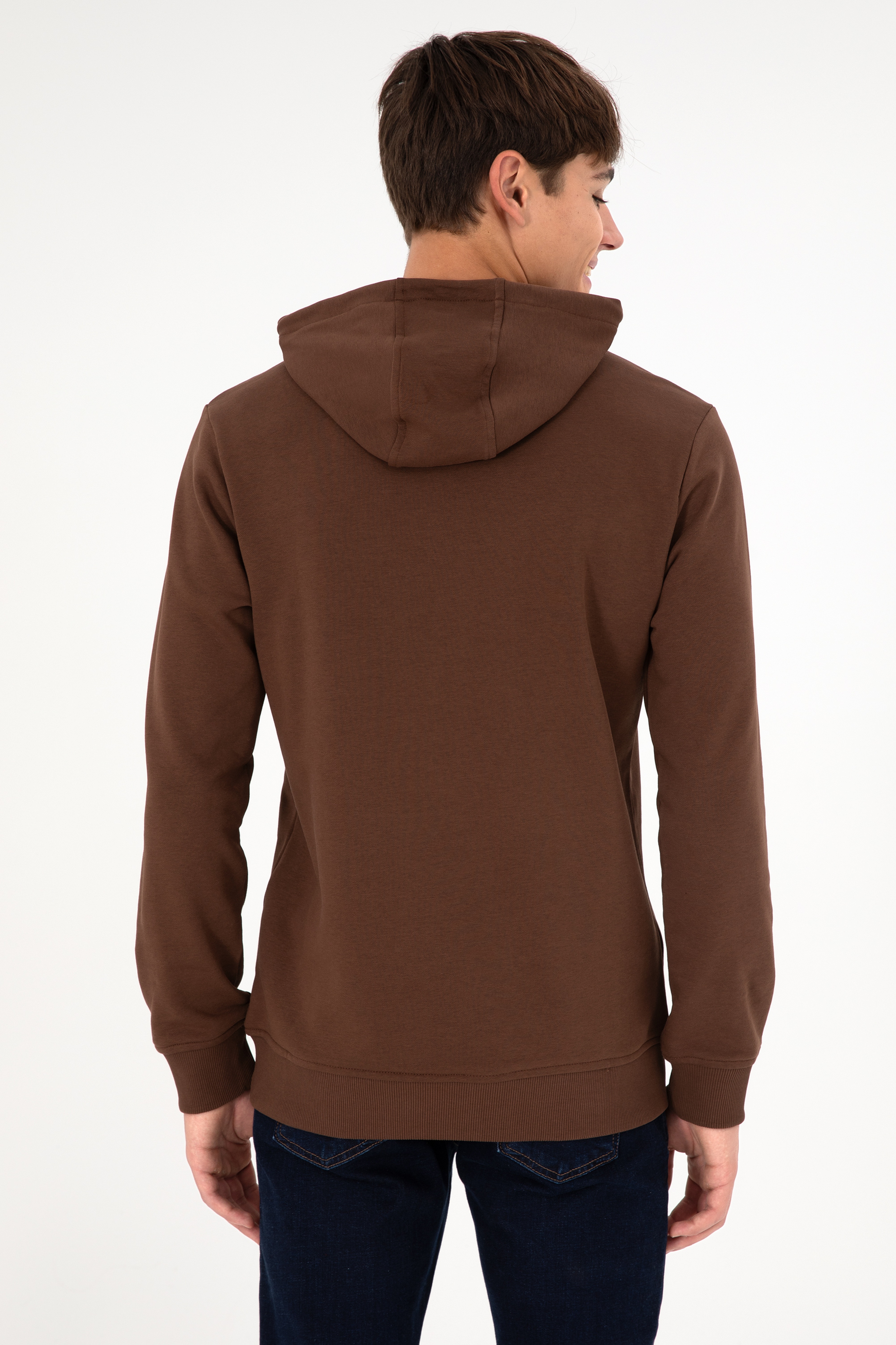 Erkek Regular Fit Kapüşonlu Kahverengi Basic Sweatshirt