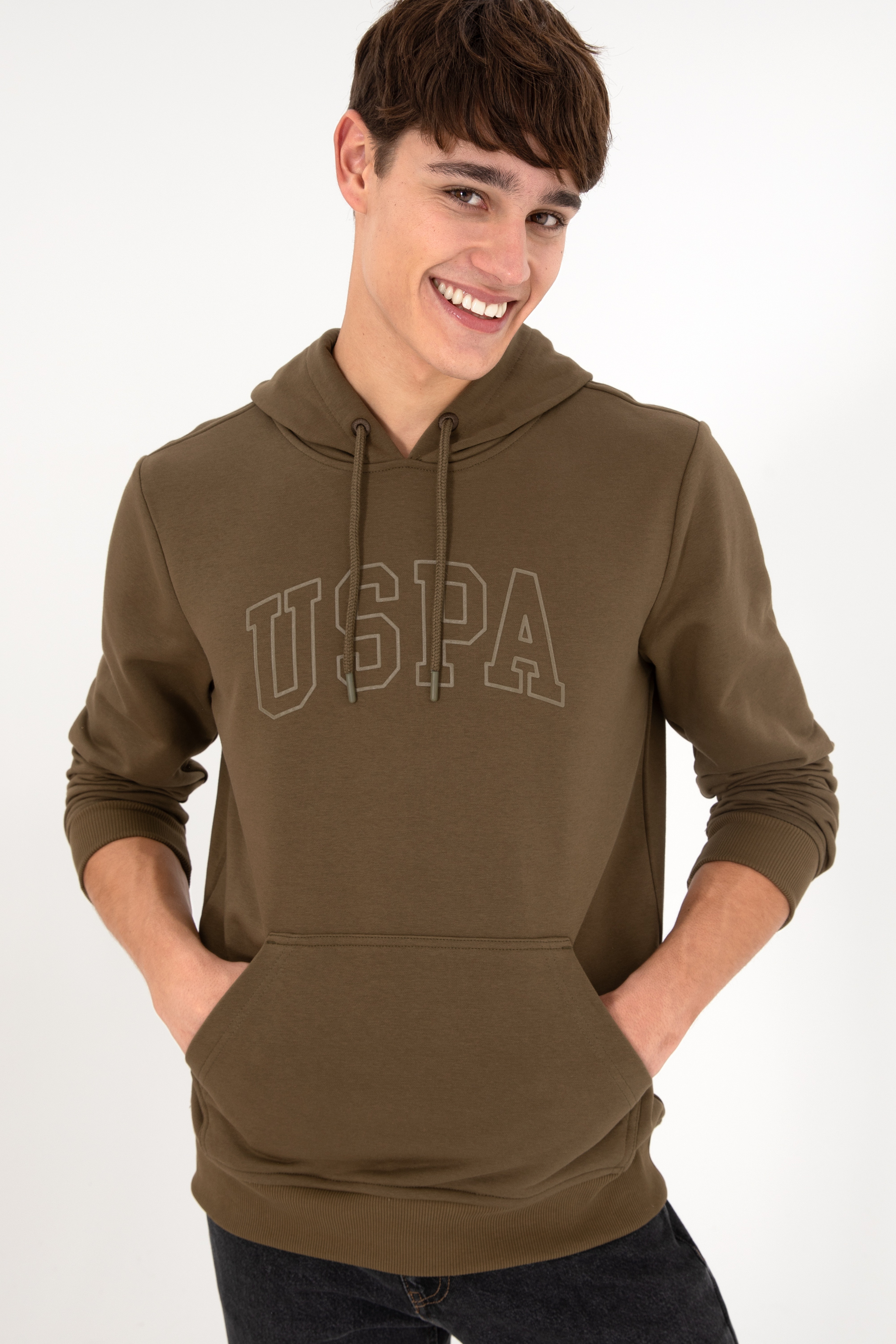 Erkek Regular Fit Kapüşonlu Haki Basic Sweatshirt
