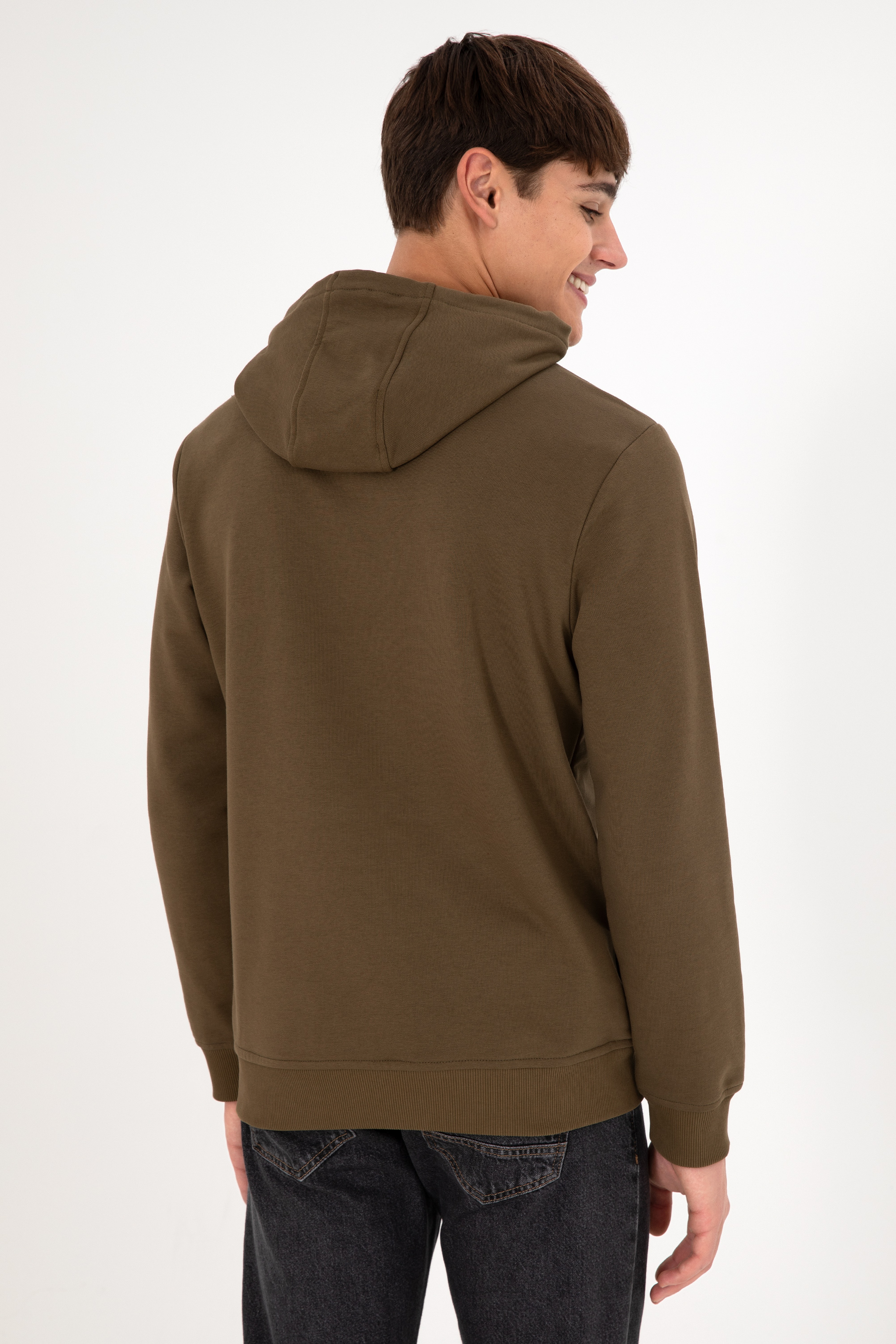 Erkek Regular Fit Kapüşonlu Haki Basic Sweatshirt - Image 6