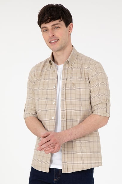 Erkek Açık Haki Kareli Slim Fit Cepli Gömlek