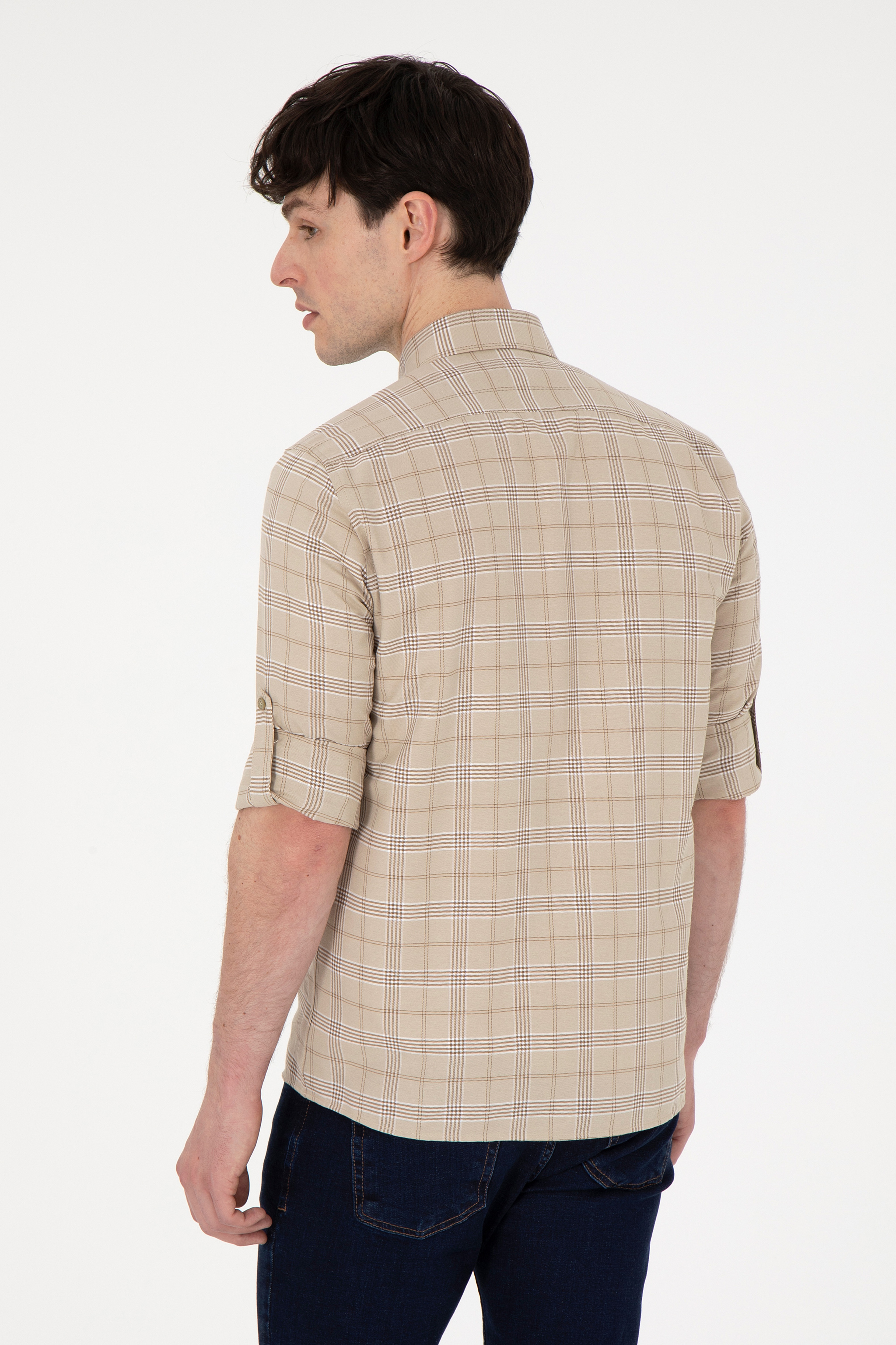 Erkek Açık Haki Kareli Slim Fit Cepli Gömlek