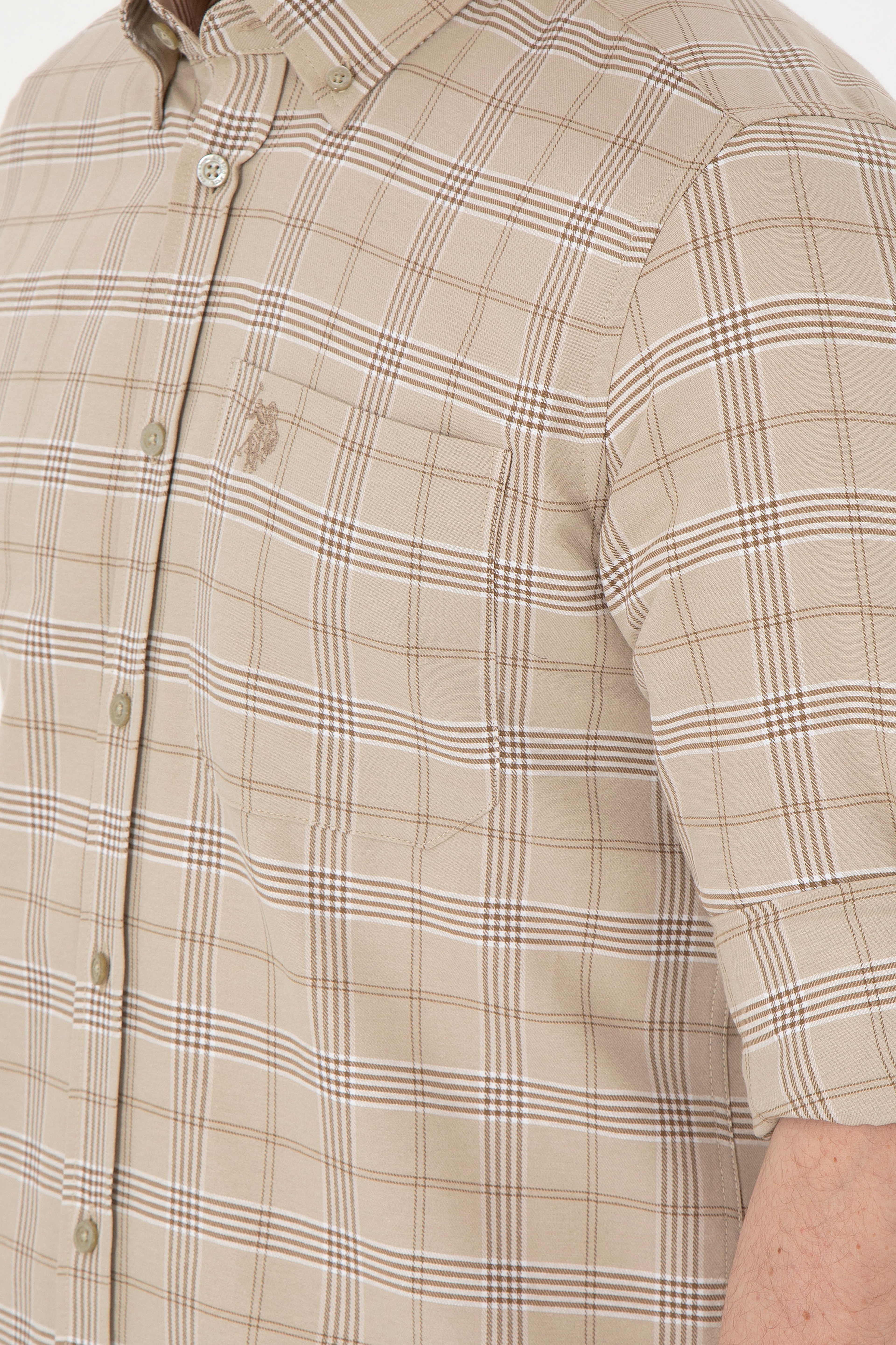 Erkek Açık Haki Kareli Slim Fit Cepli Gömlek - Image 7