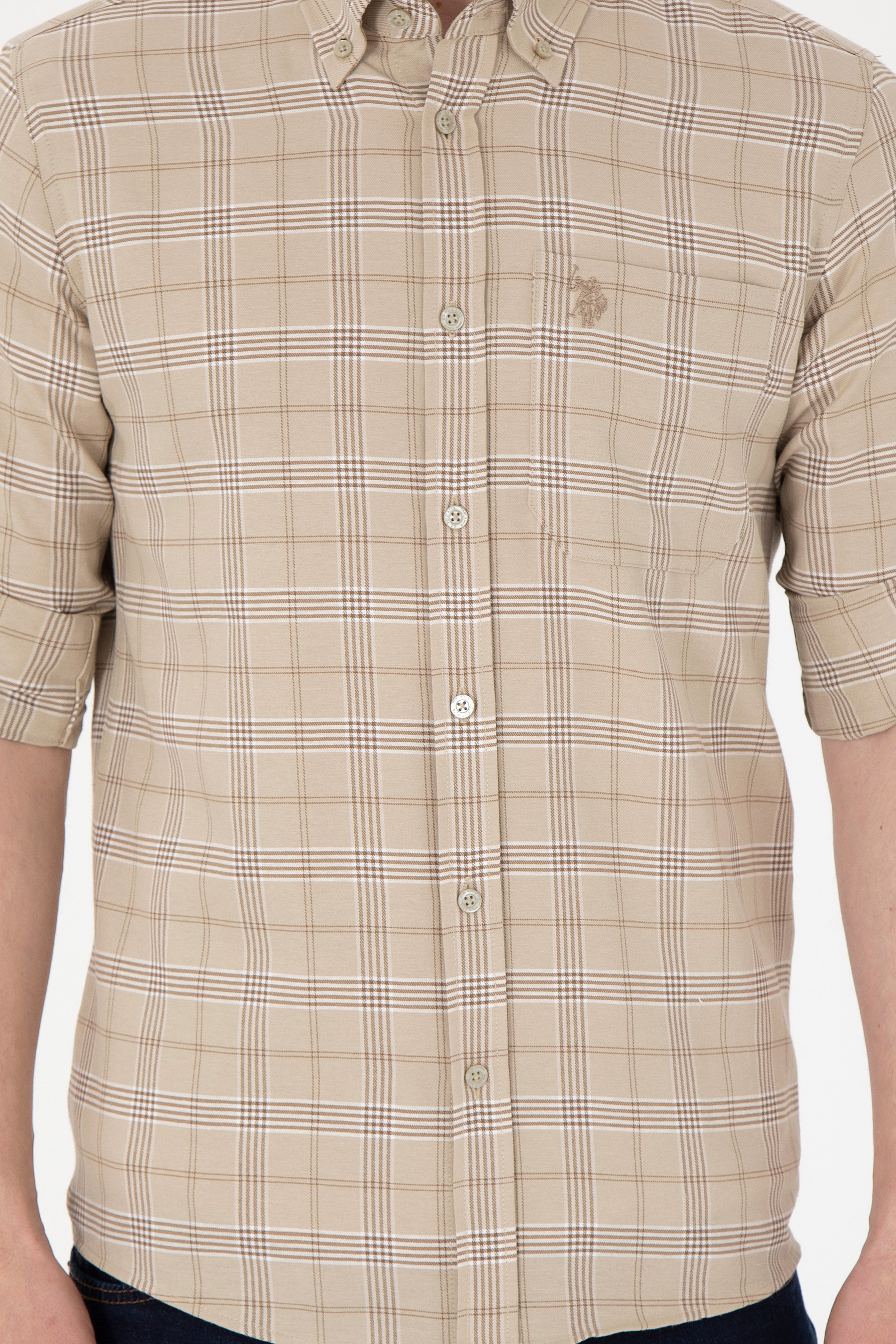 Erkek Açık Haki Kareli Slim Fit Cepli Gömlek - Image 6