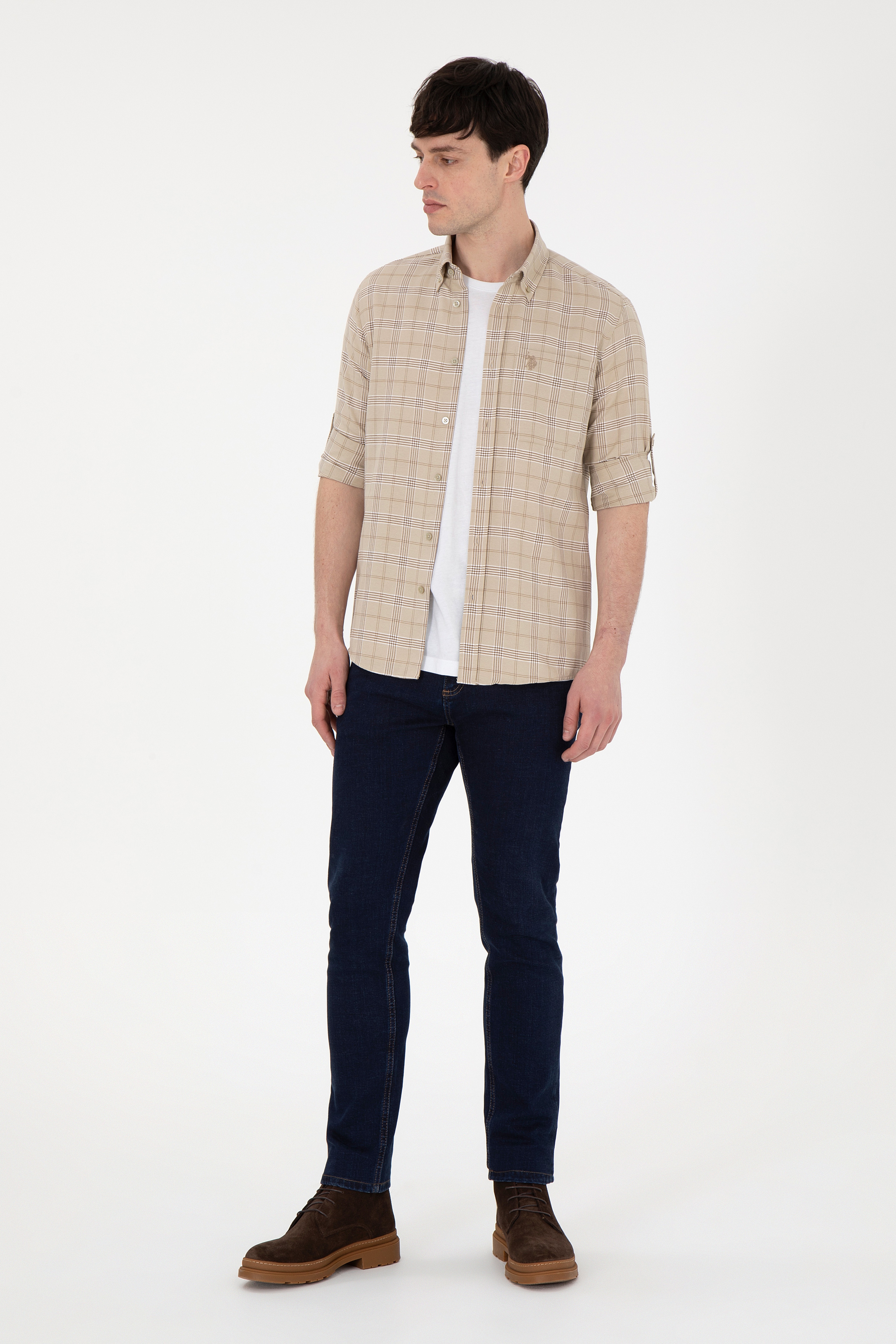 Erkek Açık Haki Kareli Slim Fit Cepli Gömlek