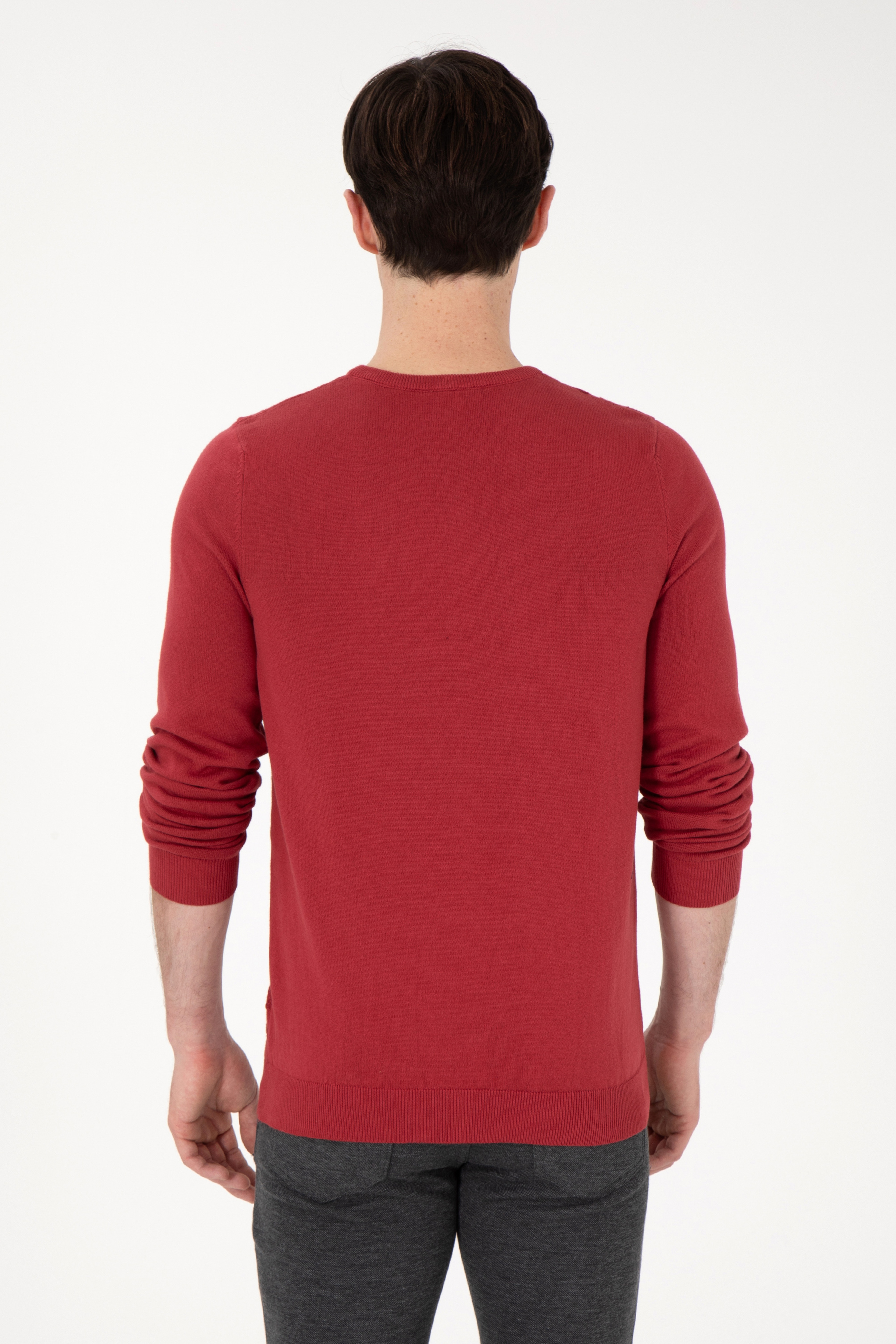 Erkek Slim Fit Bisiklet Yaka Vişne Basic Kazak - Image 5