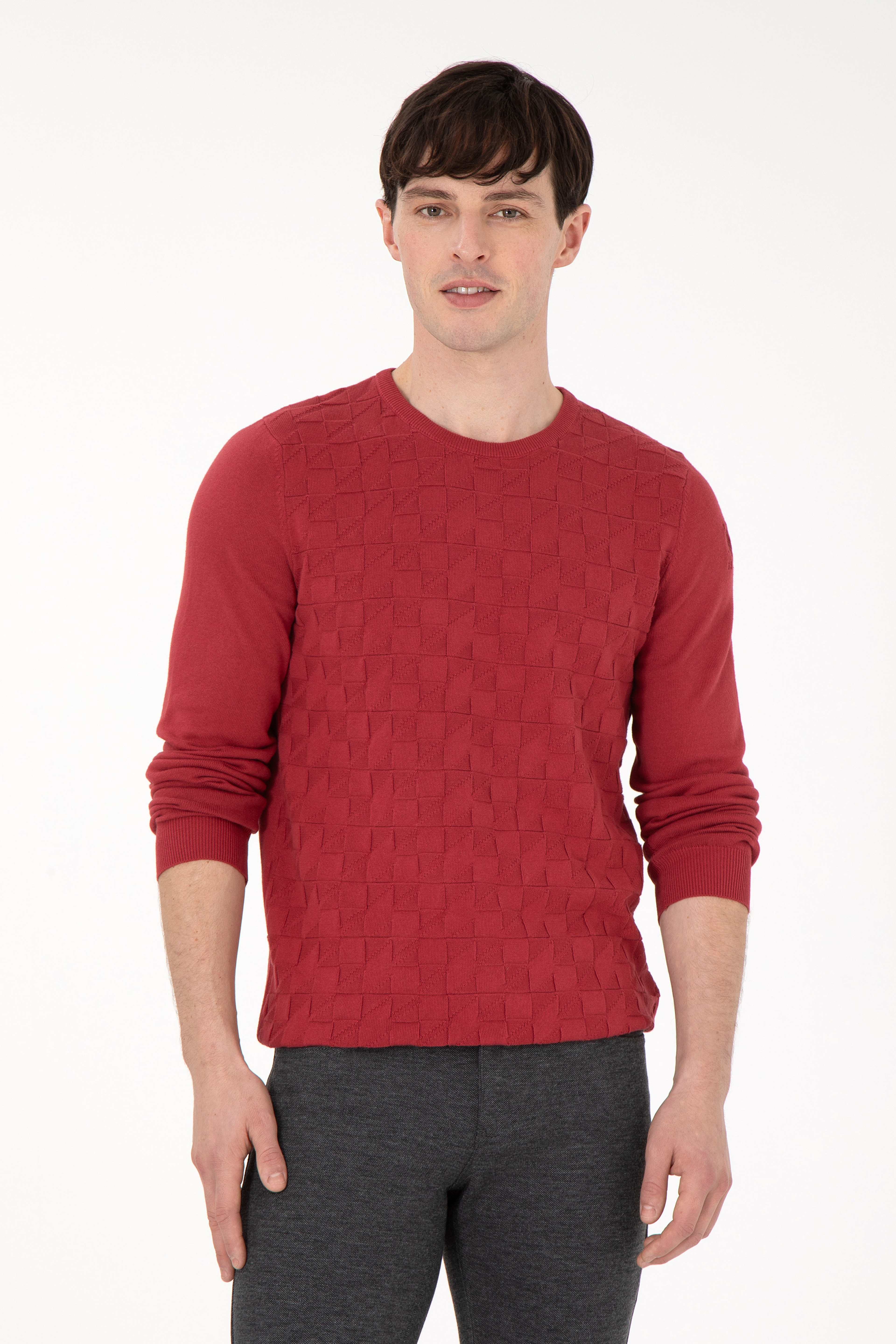 Erkek Slim Fit Bisiklet Yaka Vişne Basic Kazak