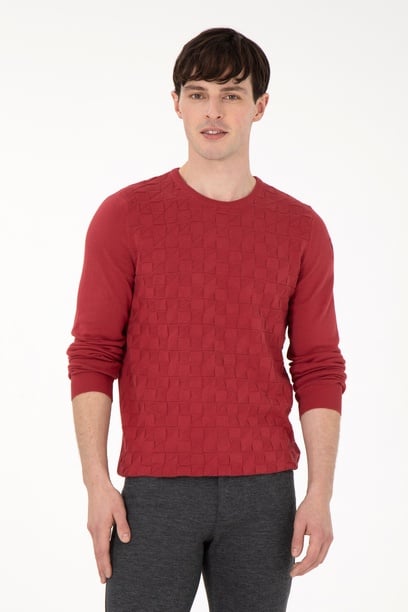 Erkek Slim Fit Bisiklet Yaka Vişne Basic Kazak