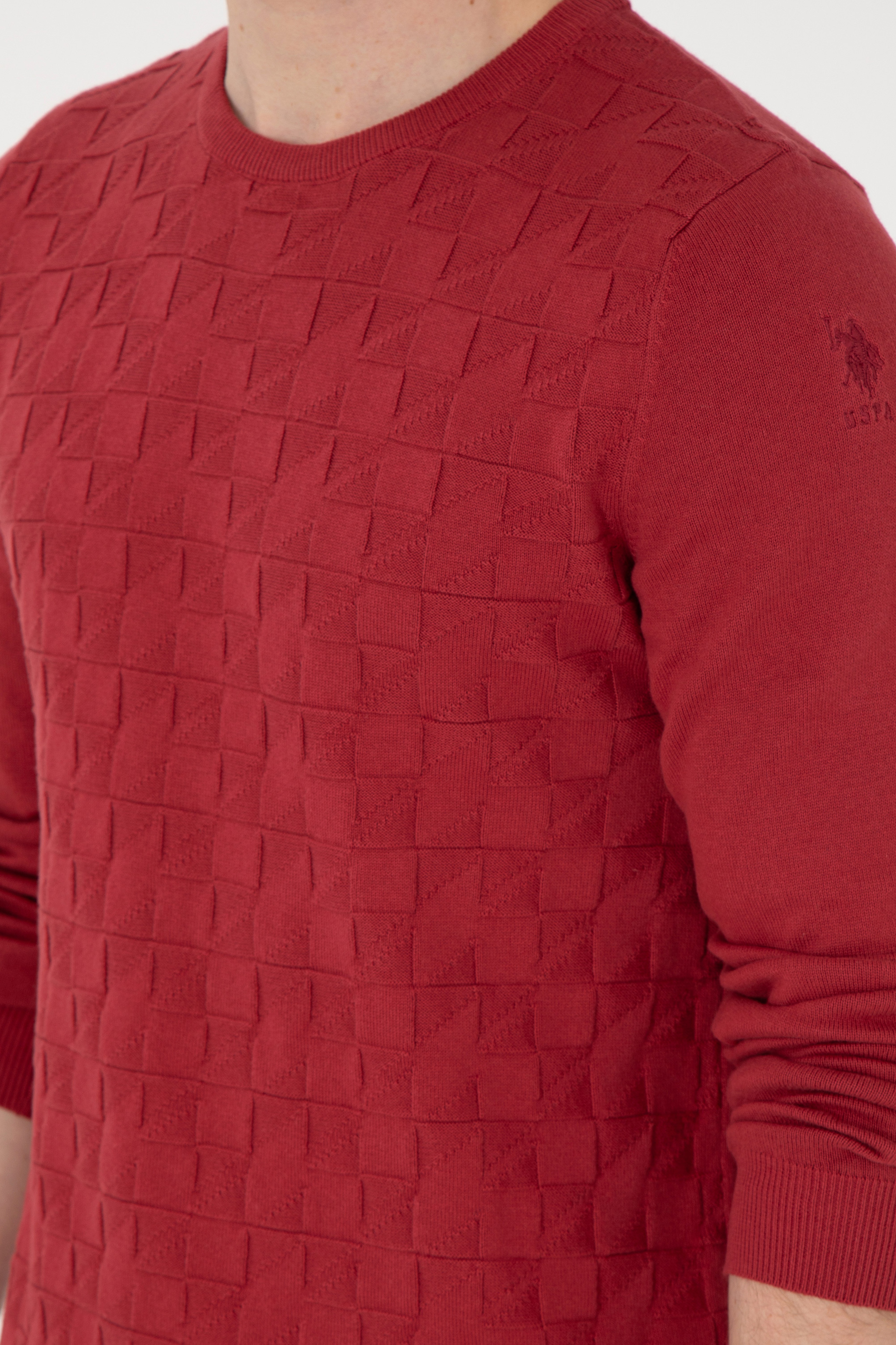 Erkek Slim Fit Bisiklet Yaka Vişne Basic Kazak