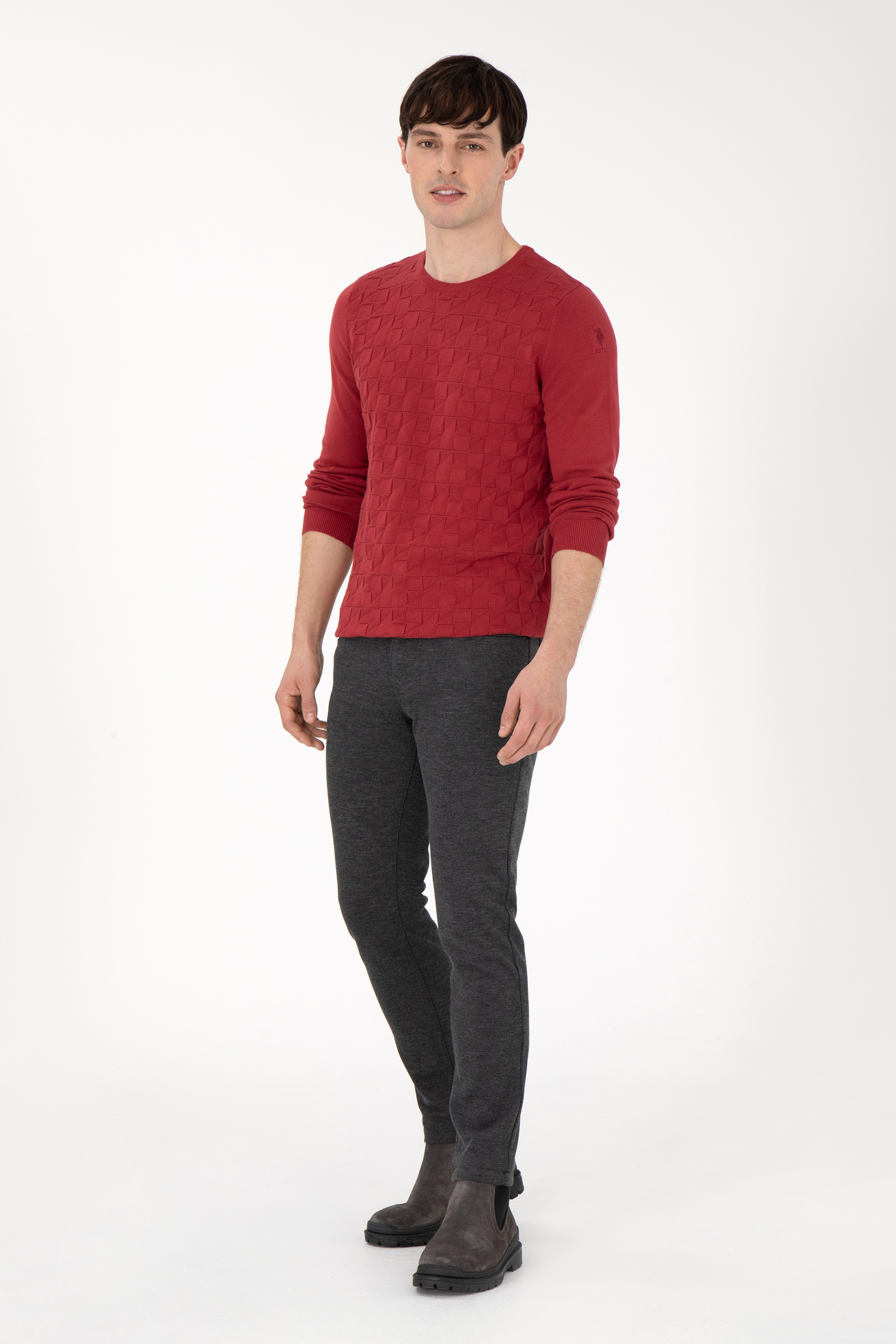 Erkek Slim Fit Bisiklet Yaka Vişne Basic Kazak - Image 4