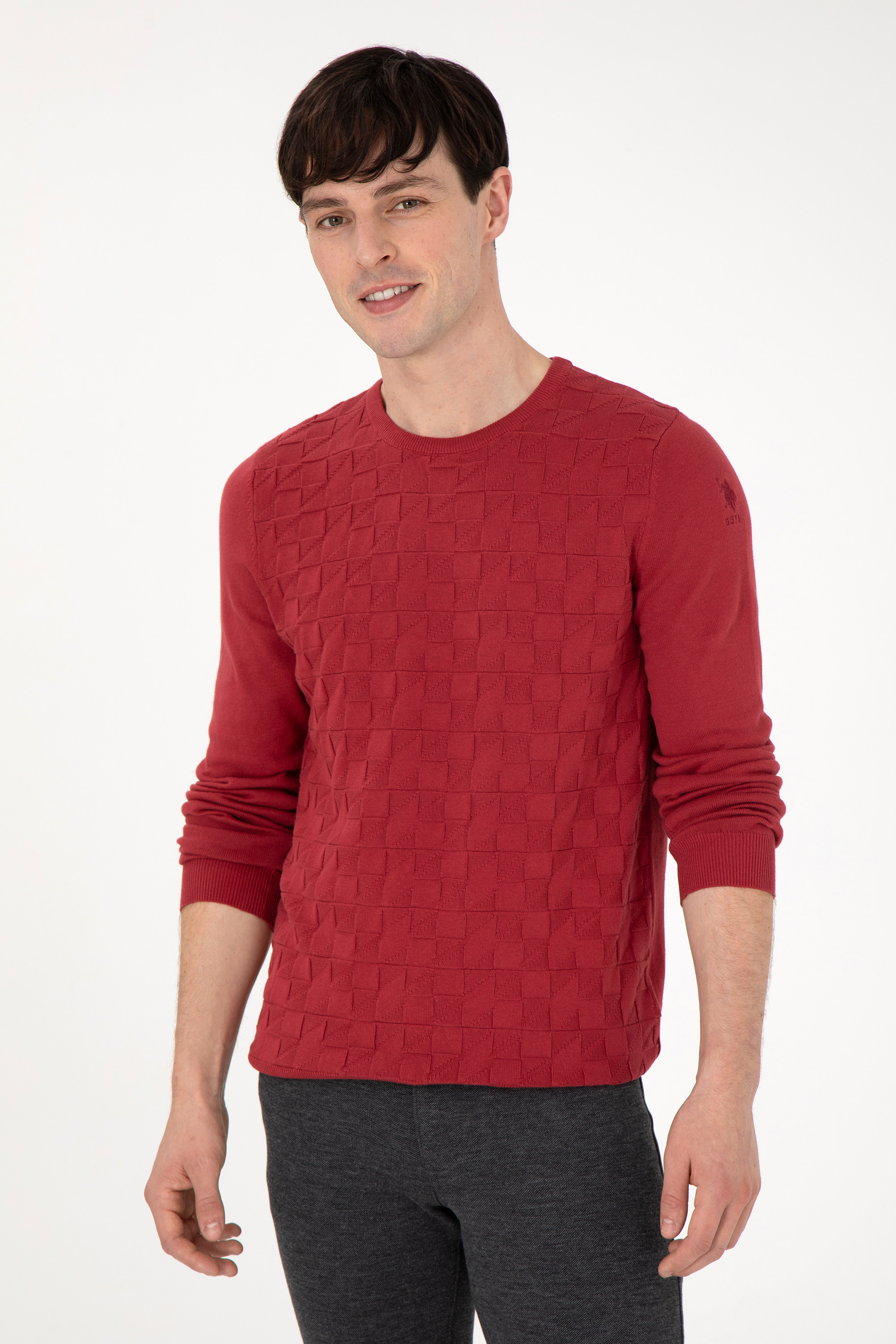 Erkek Slim Fit Bisiklet Yaka Vişne Basic Kazak