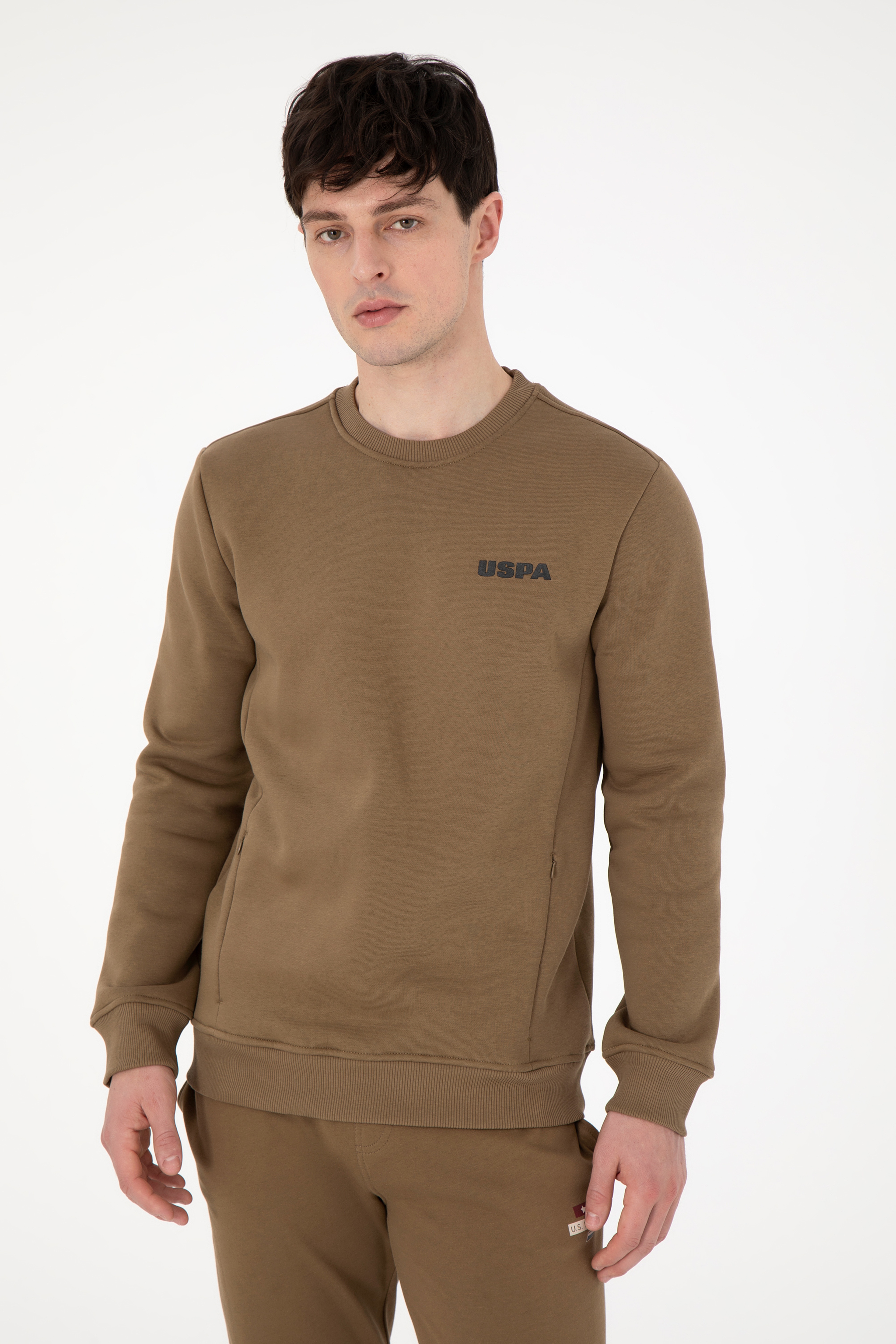 Erkek Regular Fit Bisiklet Yaka Haki Sweatshirt - Image 1