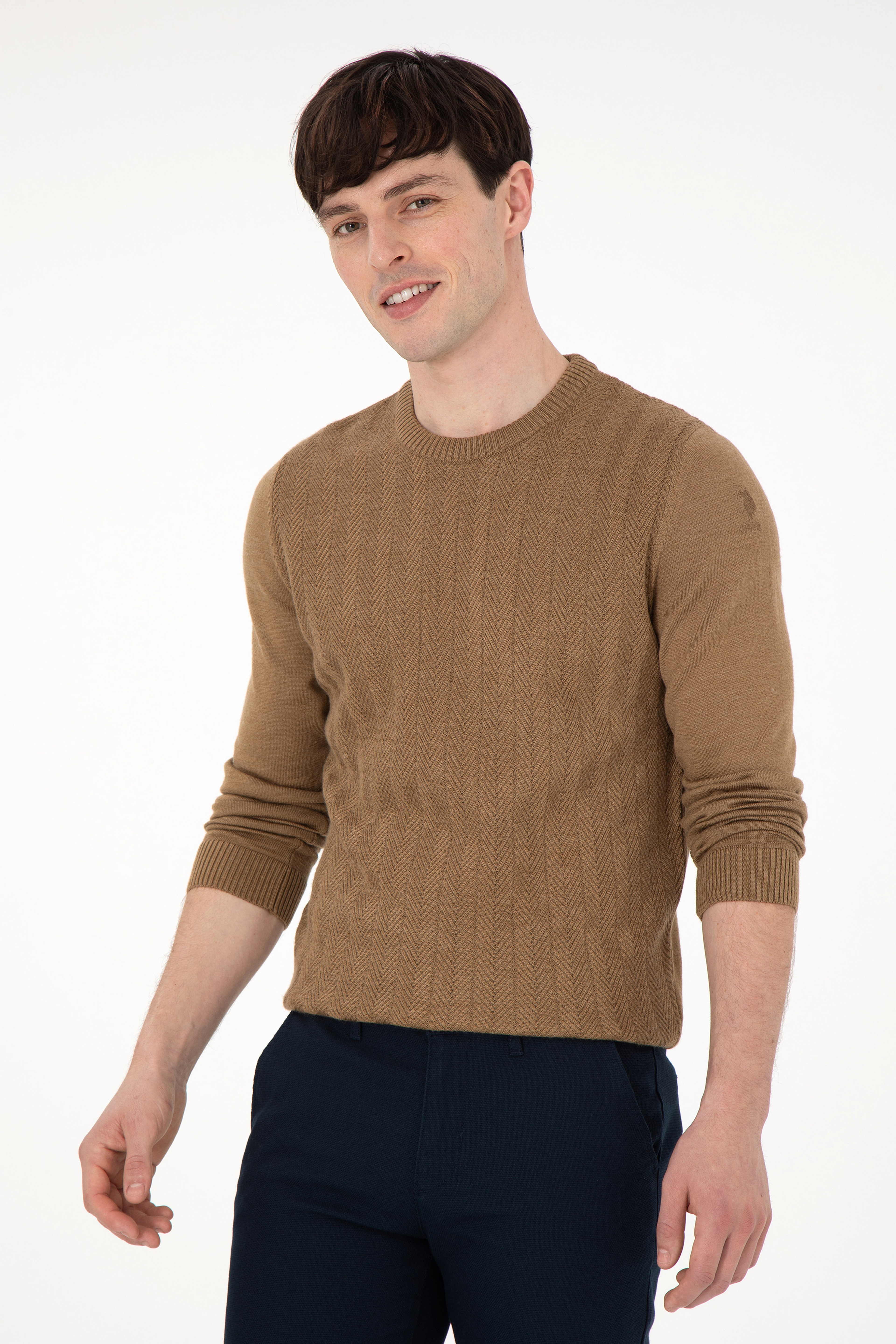 Erkek Slim Fit Bisiklet Yaka Haki Melanj Kazak