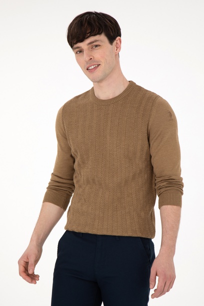 Erkek Slim Fit Bisiklet Yaka Haki Melanj Kazak