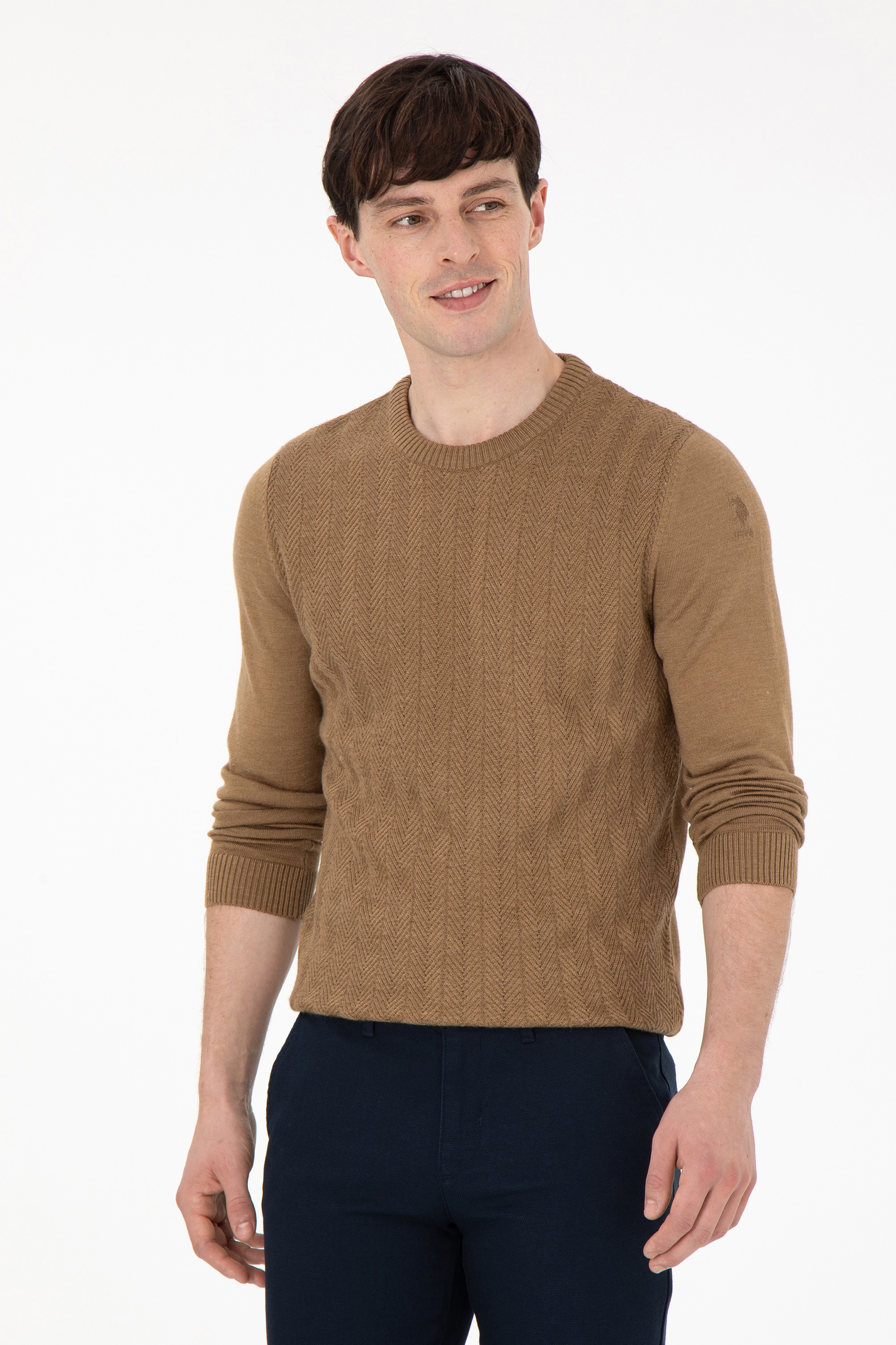 Erkek Slim Fit Bisiklet Yaka Haki Melanj Kazak - Image 1
